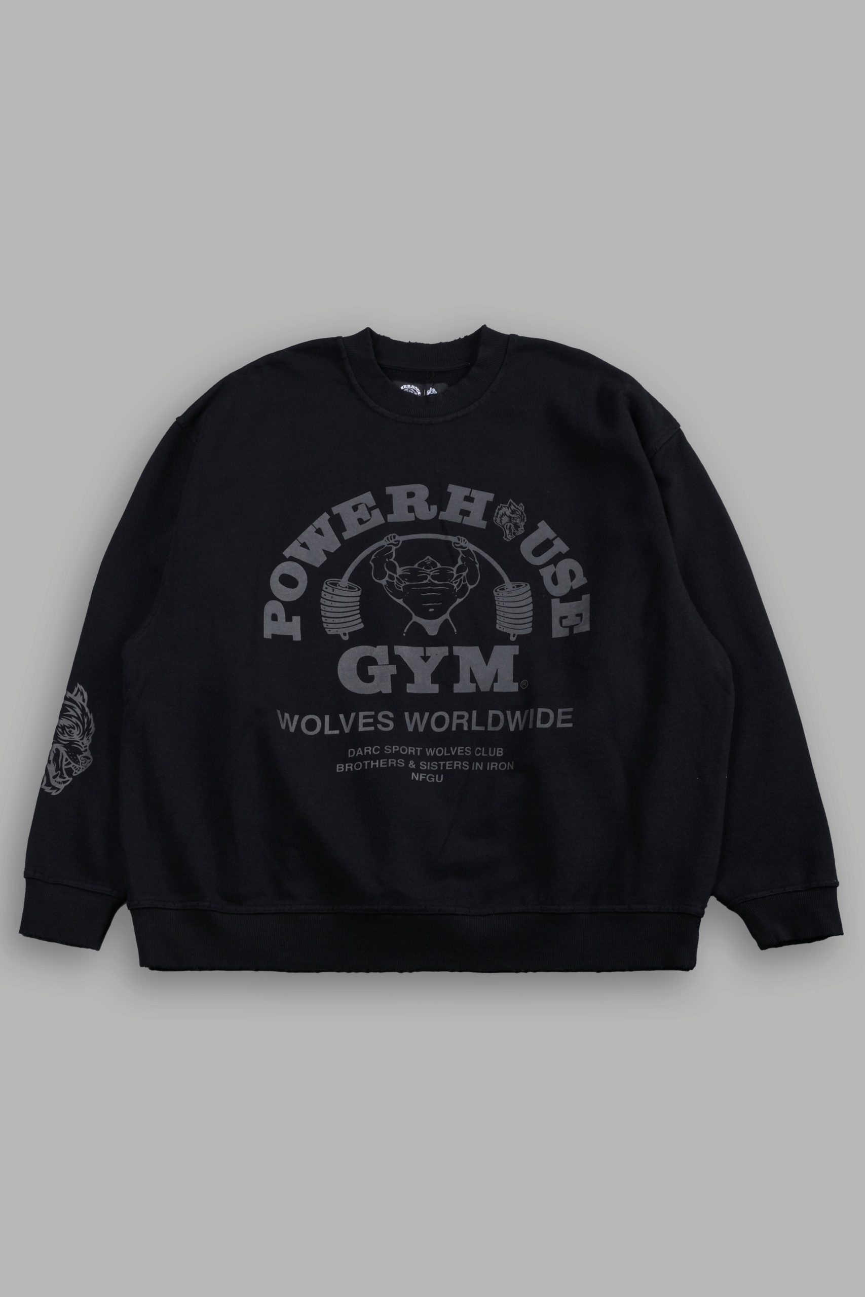 Powerhouse of the Wolves Destroyed Oversized London Crewneck in Black