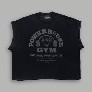 Powerhouse of the Wolves Grunge Cut-Off Tee in Black