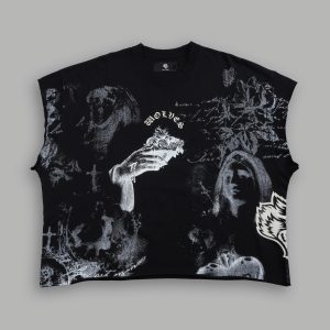 Heart of Thorns Distressed Grunge Cut-Off Mid-Length Raw Hem Tee in Black