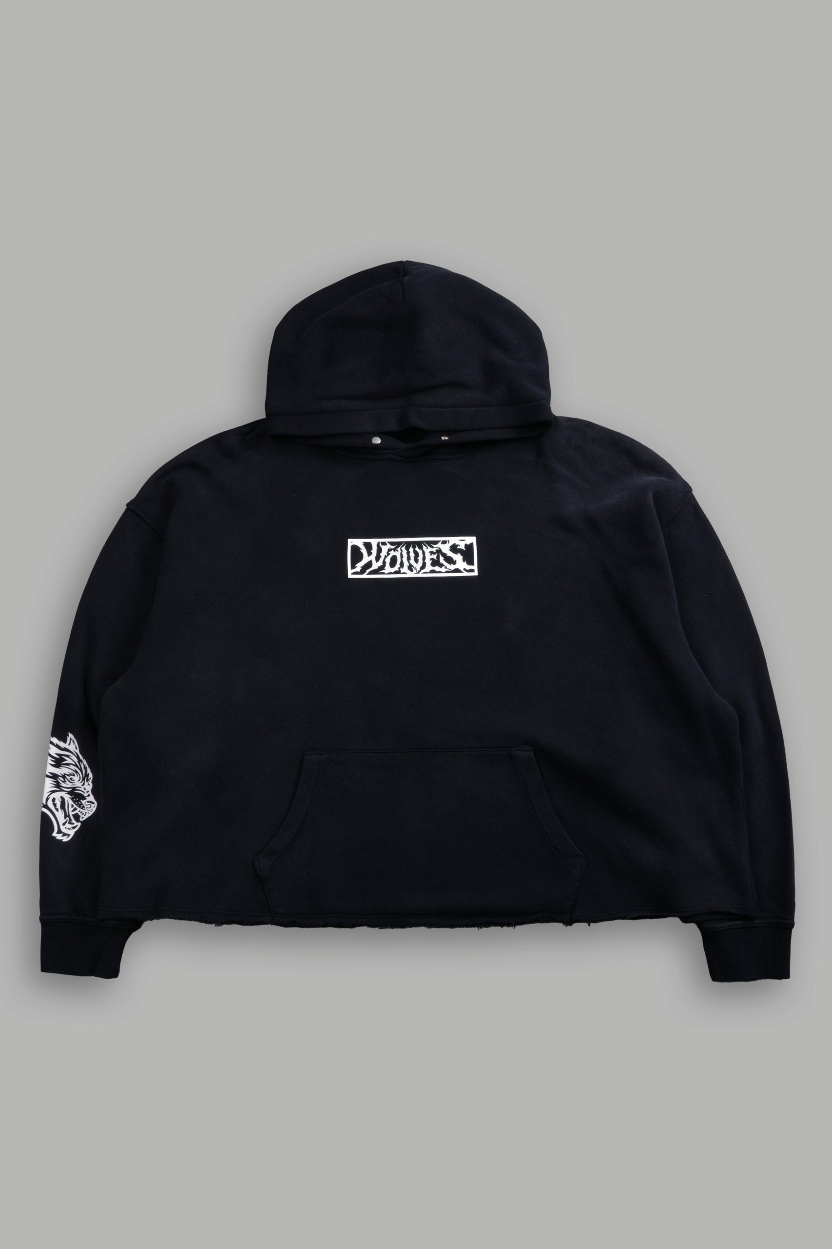 Midnight Wolves Raw Hem Box Cut Pierce Hoodie in Black Drift Wash