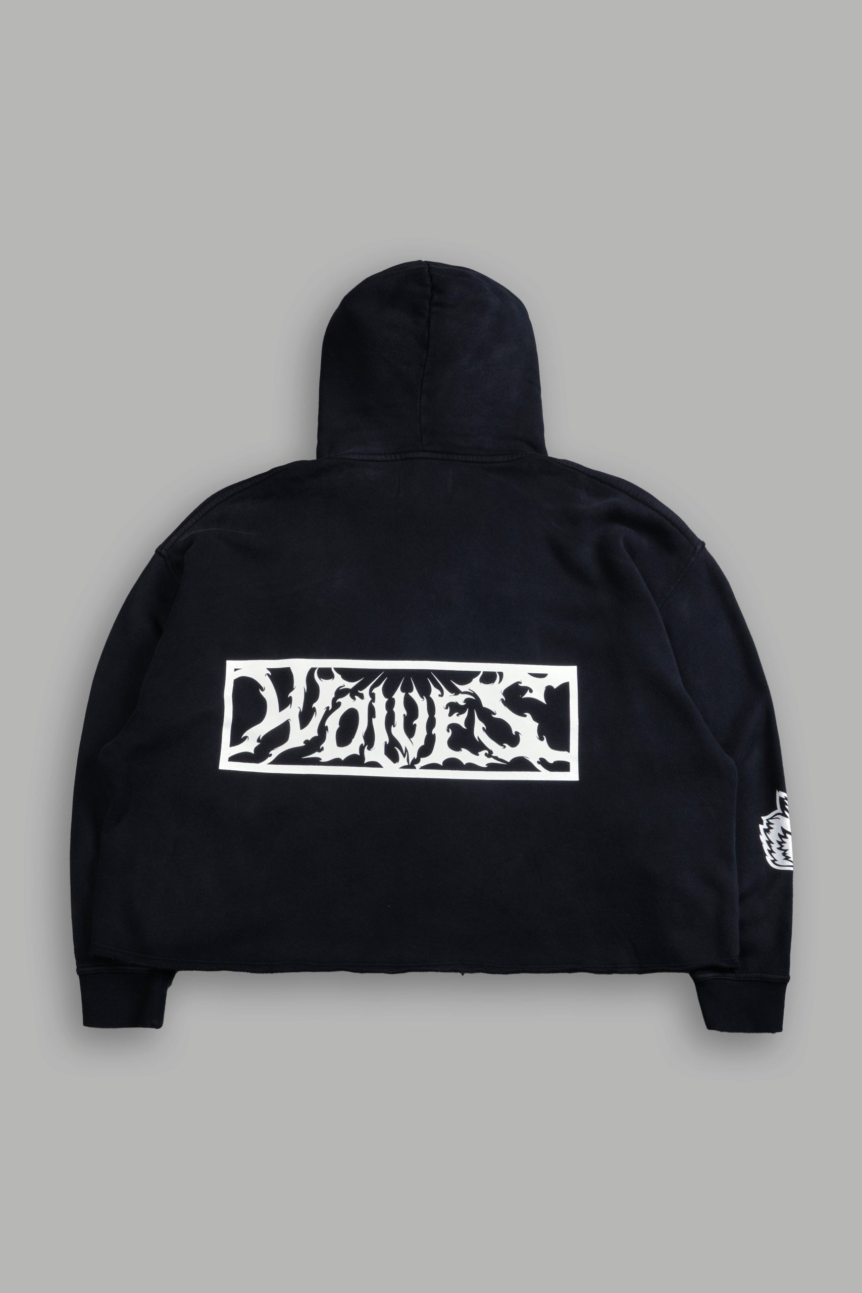 Midnight Wolves Raw Hem Box Cut Pierce Hoodie in Black Drift Wash - Image 3