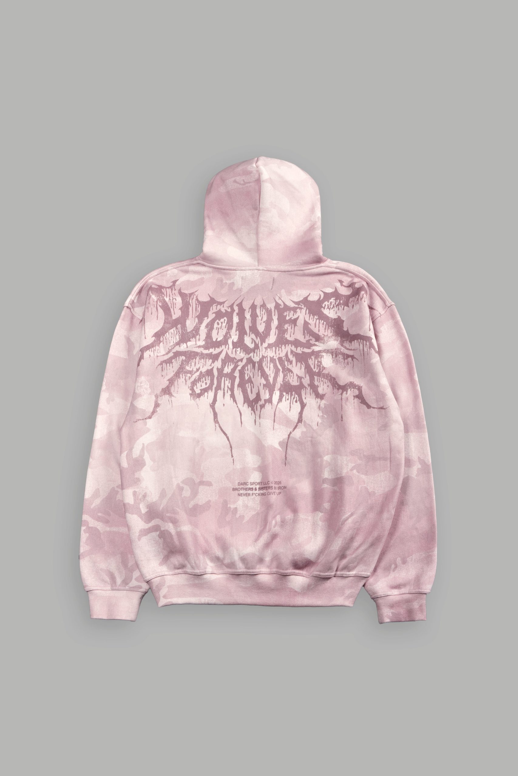 Drip Hesh WLVS FRVR Unisex Pierce Hoodie in Blush Vintage Woodland Camo - Image 3