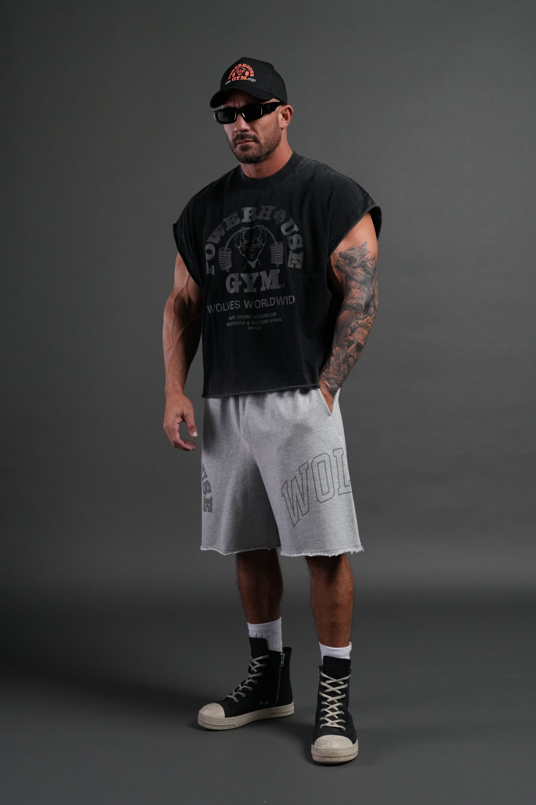 Powerhouse of the Wolves Grunge Cut-Off Tee in Black - Image 5