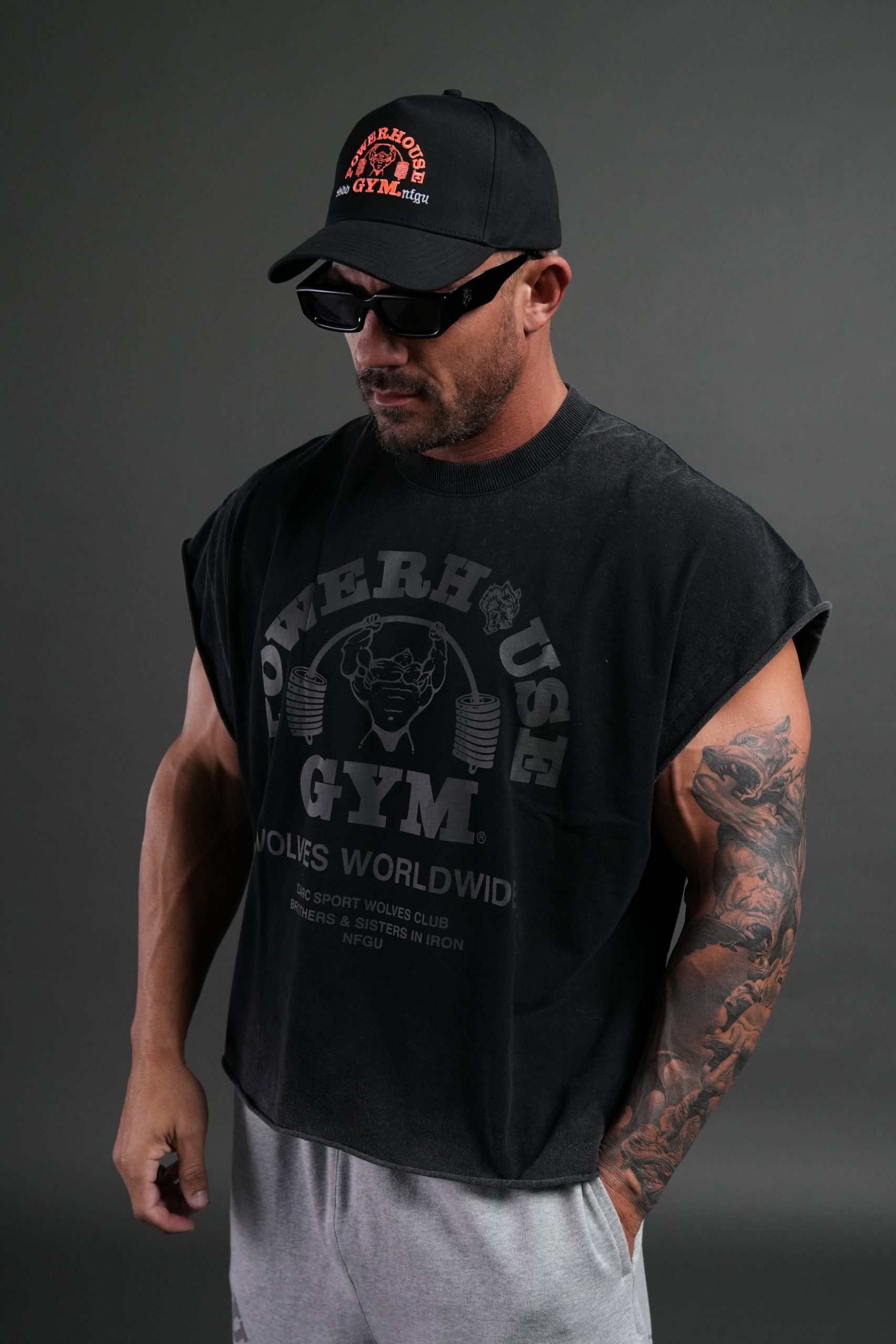 Powerhouse of the Wolves Grunge Cut-Off Tee in Black - Image 4