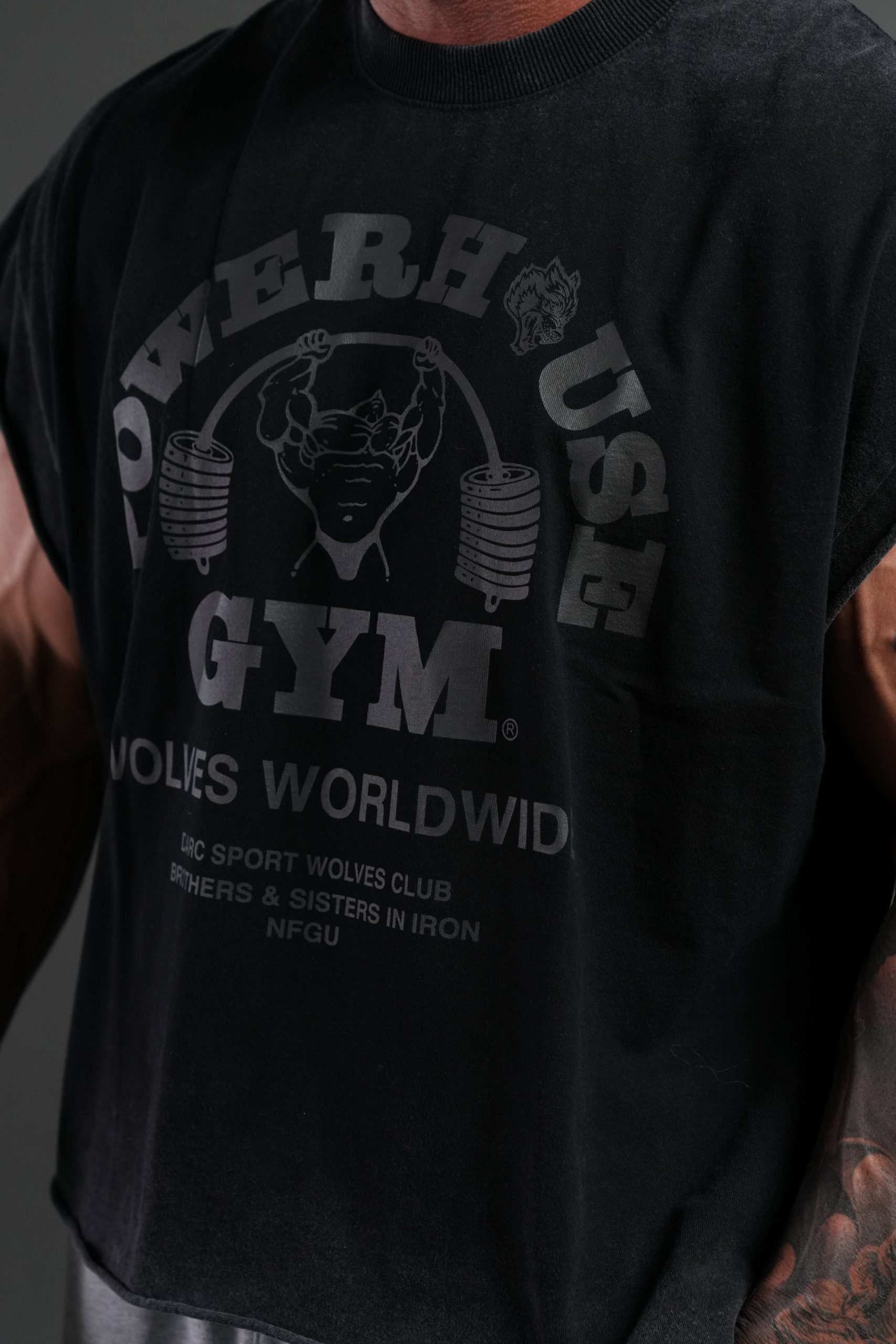 Powerhouse of the Wolves Grunge Cut-Off Tee in Black - Image 7