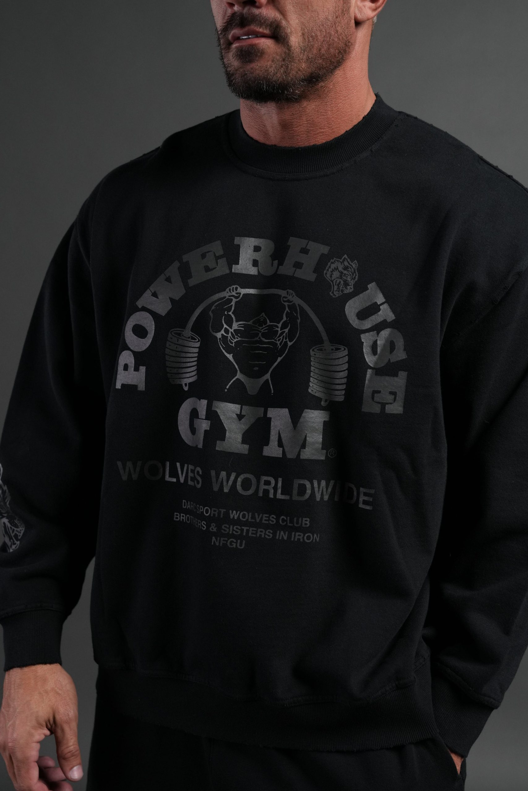 Powerhouse of the Wolves Destroyed Oversized London Crewneck in Black - Image 7