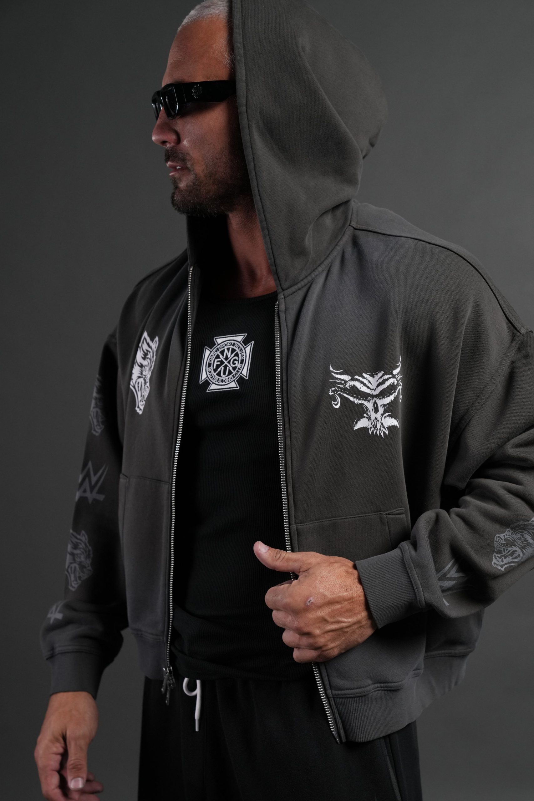 Feed the Beast Vex Double Zip Hoodie in Wolf Gray Drift Wash - Image 5