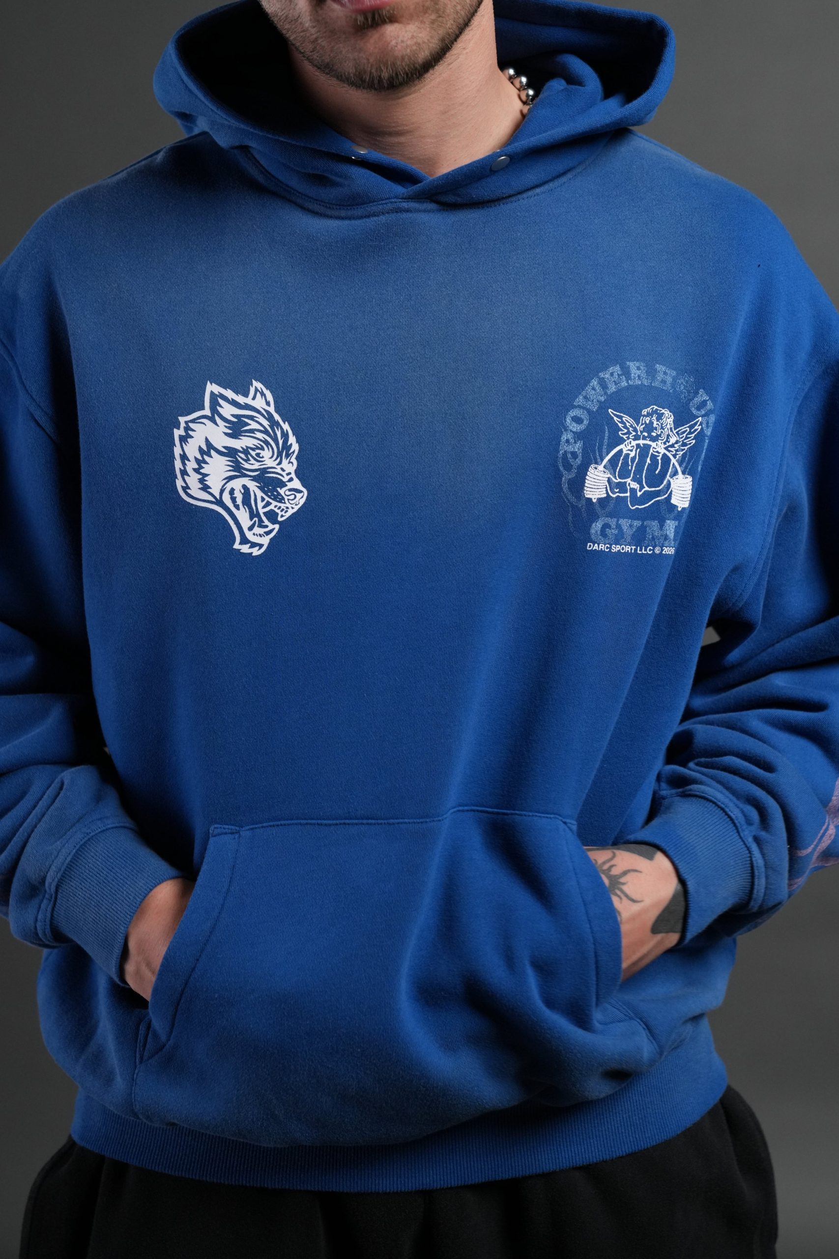 Powerhouse of the Cherub Unisex Pierce Hoodie in Darc Cobalt Drift Wash - Image 10