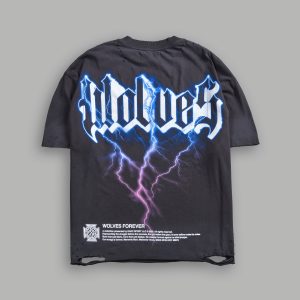 Wolves Lightning Distressed Grunge Tee in Wolf Gray Drift Wash