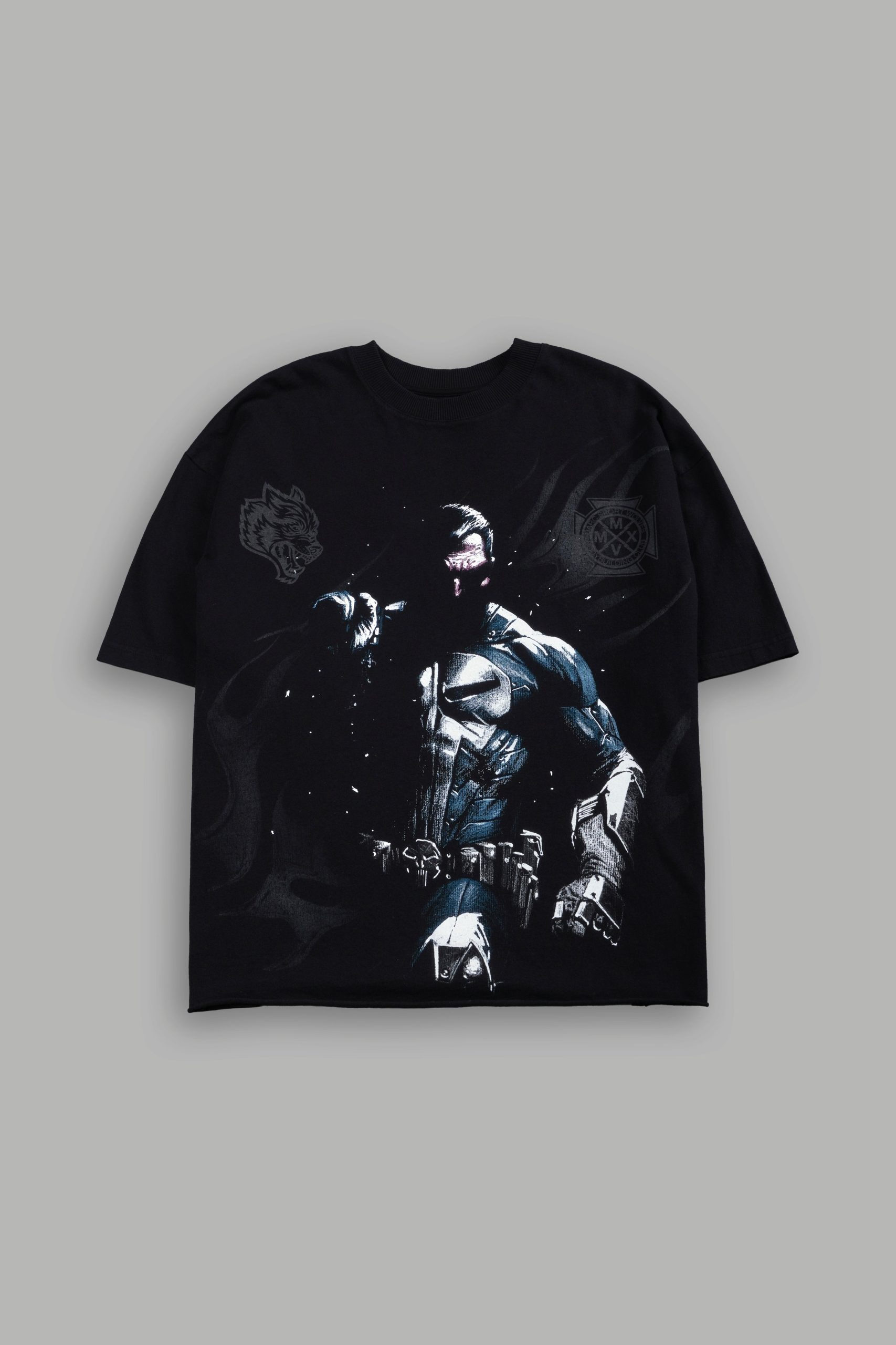 Punisher Grunge Mid-Length Raw Hem Tee in Black