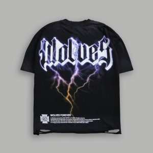 Wolves Lightning Distressed Grunge Tee in Black Drift Wash