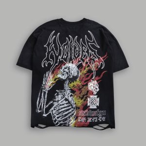 Mori Flames Distressed Grunge Tee in Black Drift Wash