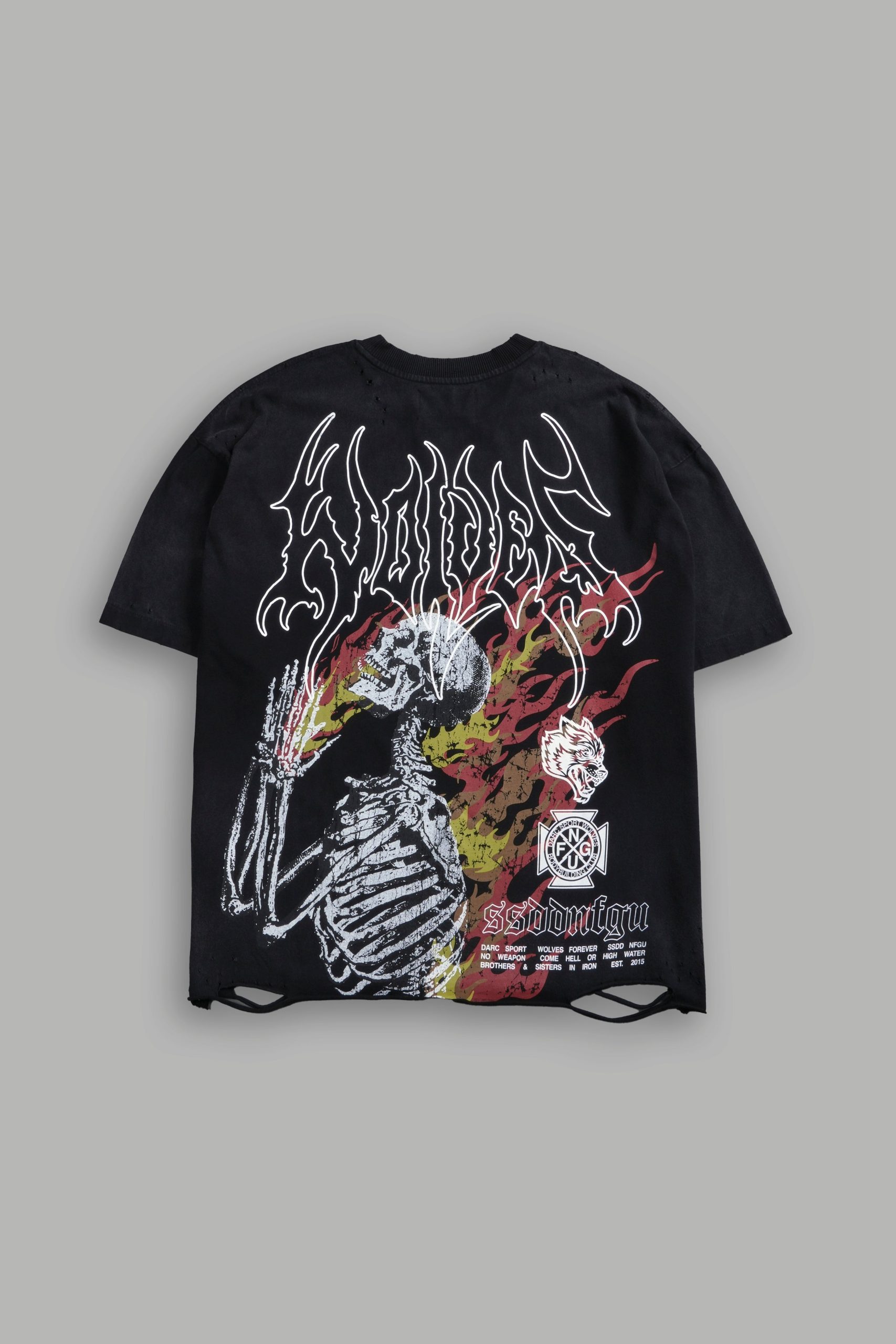 Mori Flames Distressed Grunge Tee in Black Drift Wash