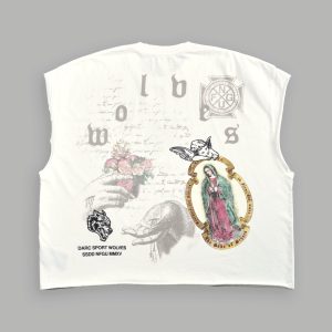 Holy Vow Distressed Grunge Cut-Off Mid-Length Raw Hem Tee in Cream