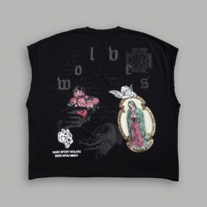 Holy Vow Distressed Grunge Cut-Off Mid-Length Raw Hem Tee in Black