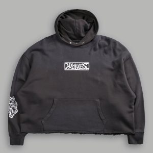 Midnight Wolves Raw Hem Box Cut Pierce Hoodie in Wolf Gray Drift Wash