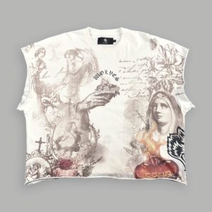 Heart of Thorns Distressed Grunge Cut-Off Mid-Length Raw Hem Tee in Cream
