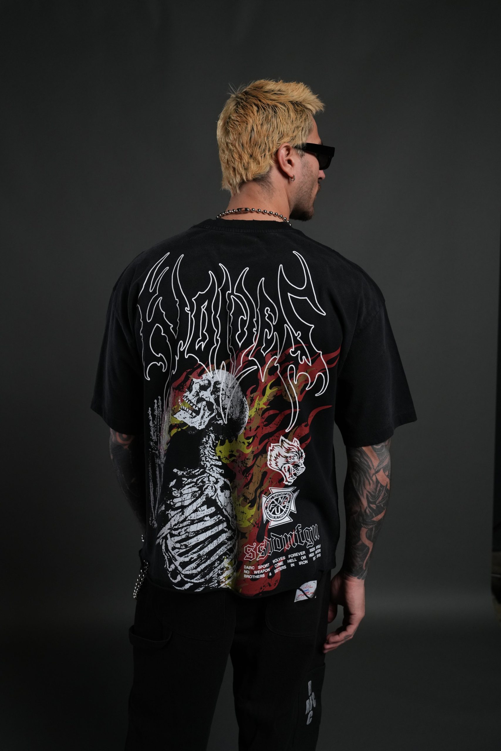 Mori Flames Distressed Grunge Tee in Black Drift Wash - Image 4