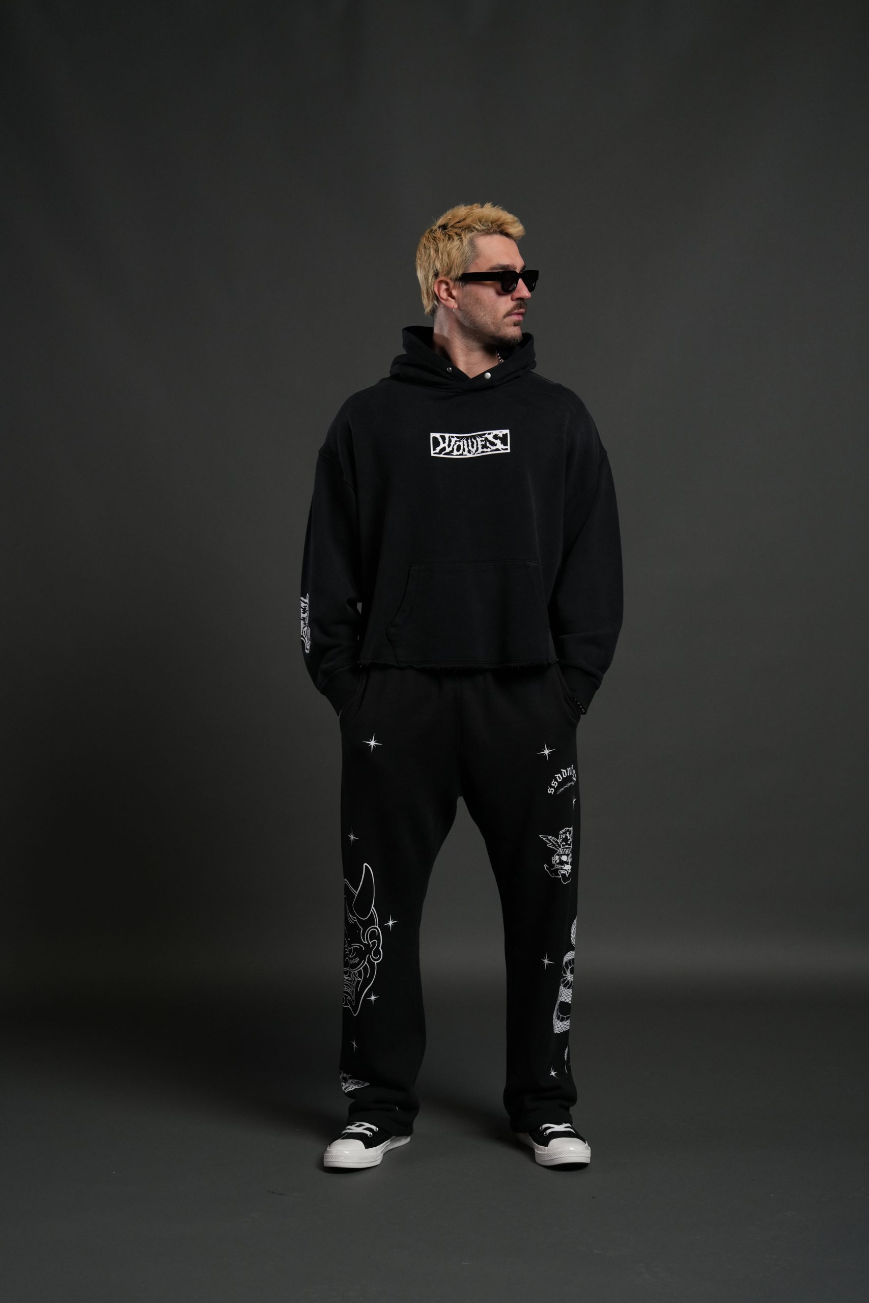 Midnight Wolves Raw Hem Box Cut Pierce Hoodie in Black Drift Wash - Image 5