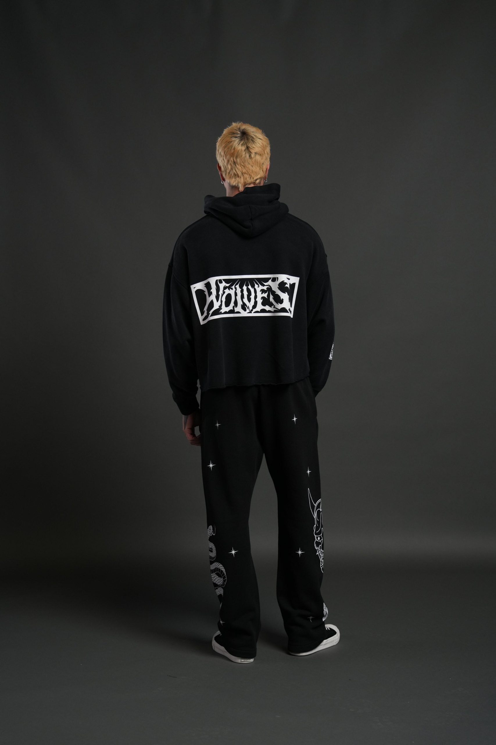 Midnight Wolves Raw Hem Box Cut Pierce Hoodie in Black Drift Wash - Image 6