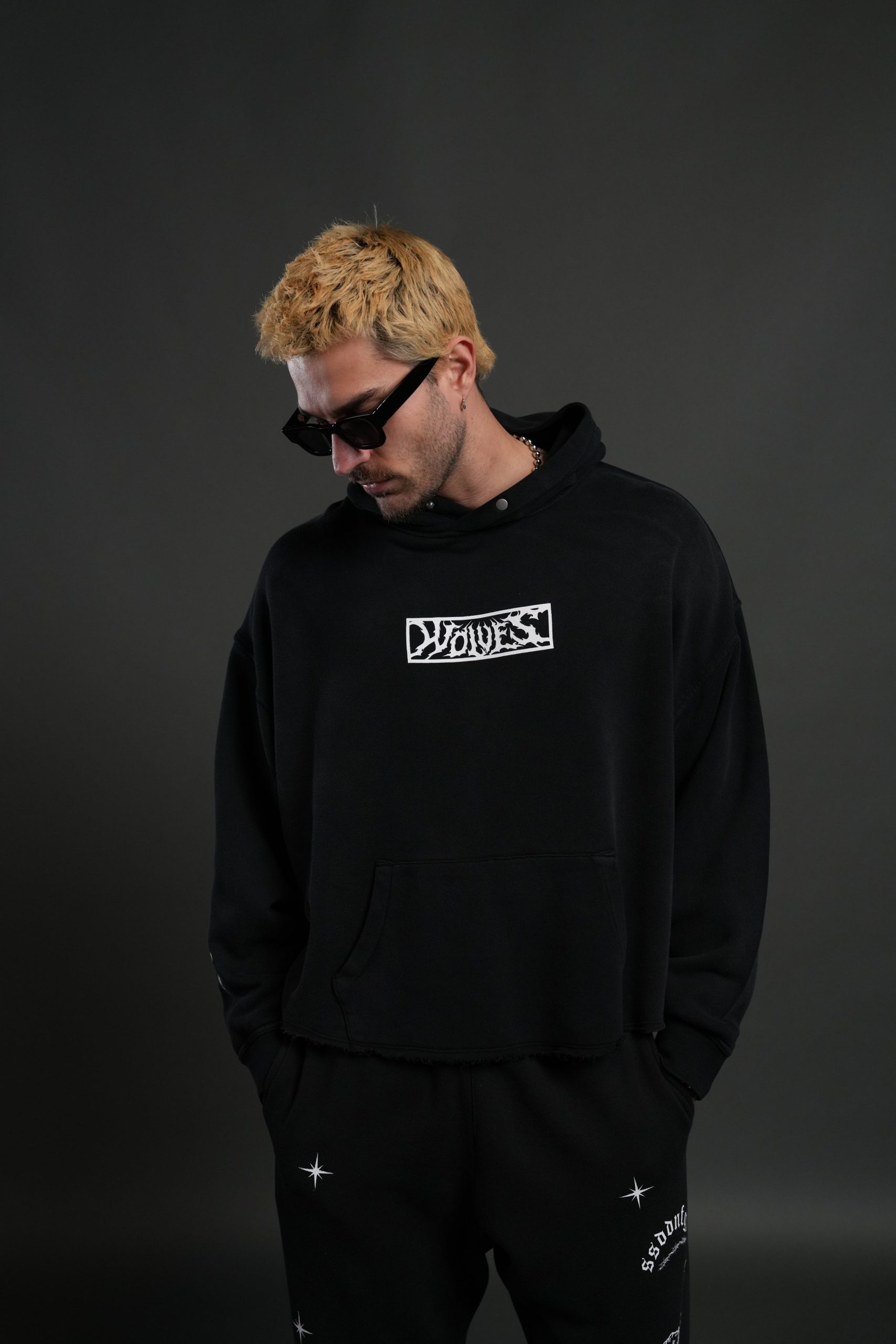Midnight Wolves Raw Hem Box Cut Pierce Hoodie in Black Drift Wash - Image 4