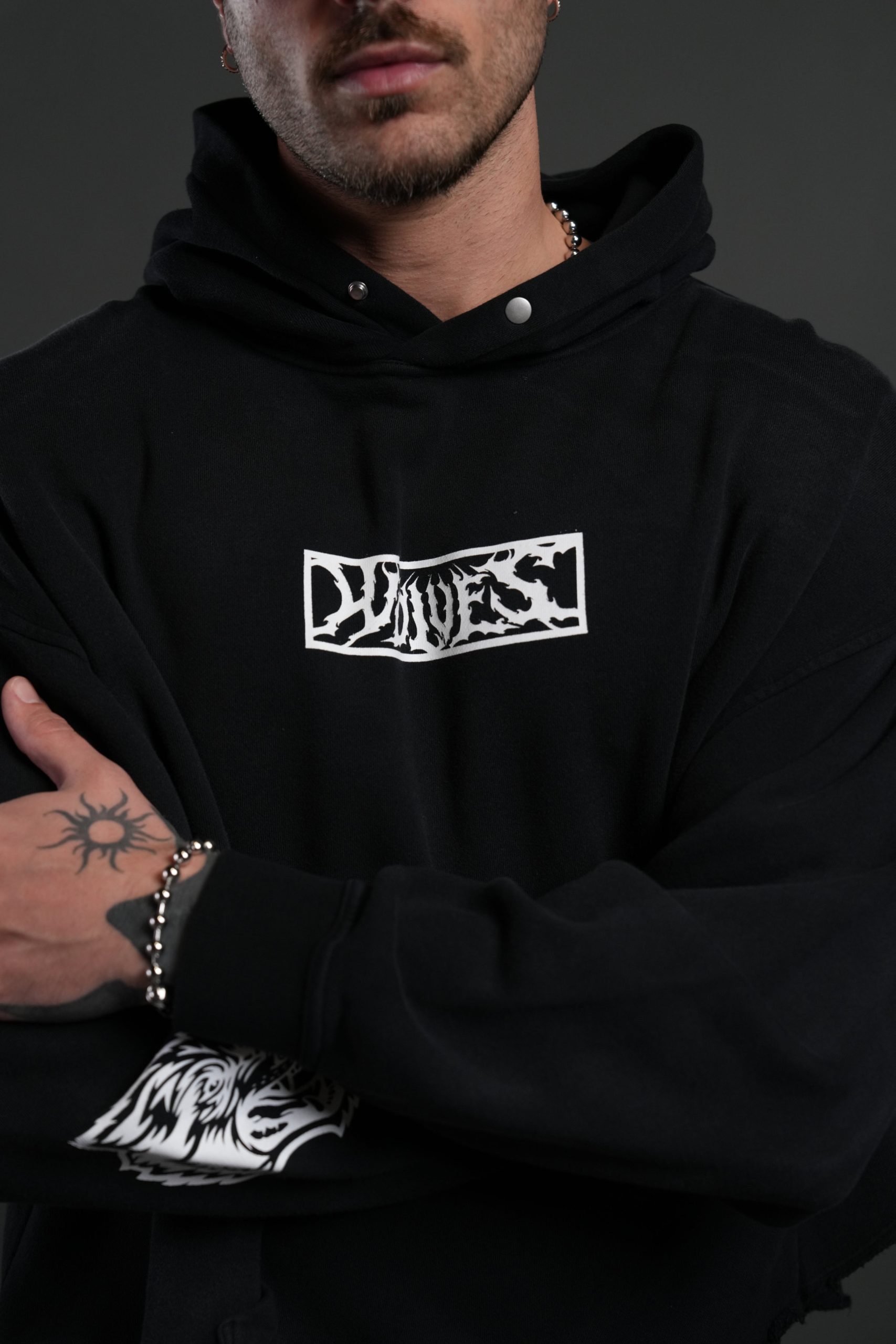 Midnight Wolves Raw Hem Box Cut Pierce Hoodie in Black Drift Wash - Image 7