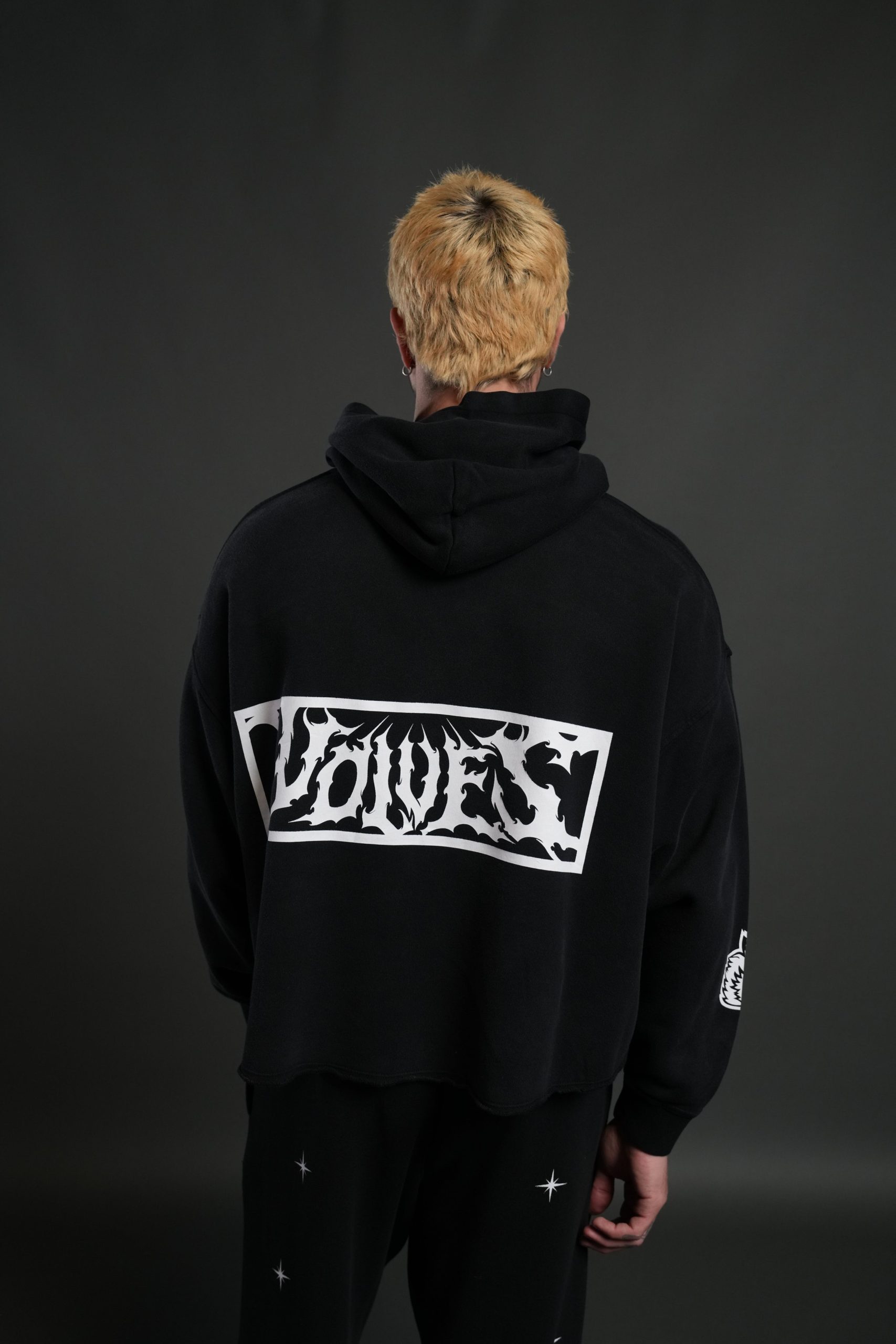 Midnight Wolves Raw Hem Box Cut Pierce Hoodie in Black Drift Wash - Image 2