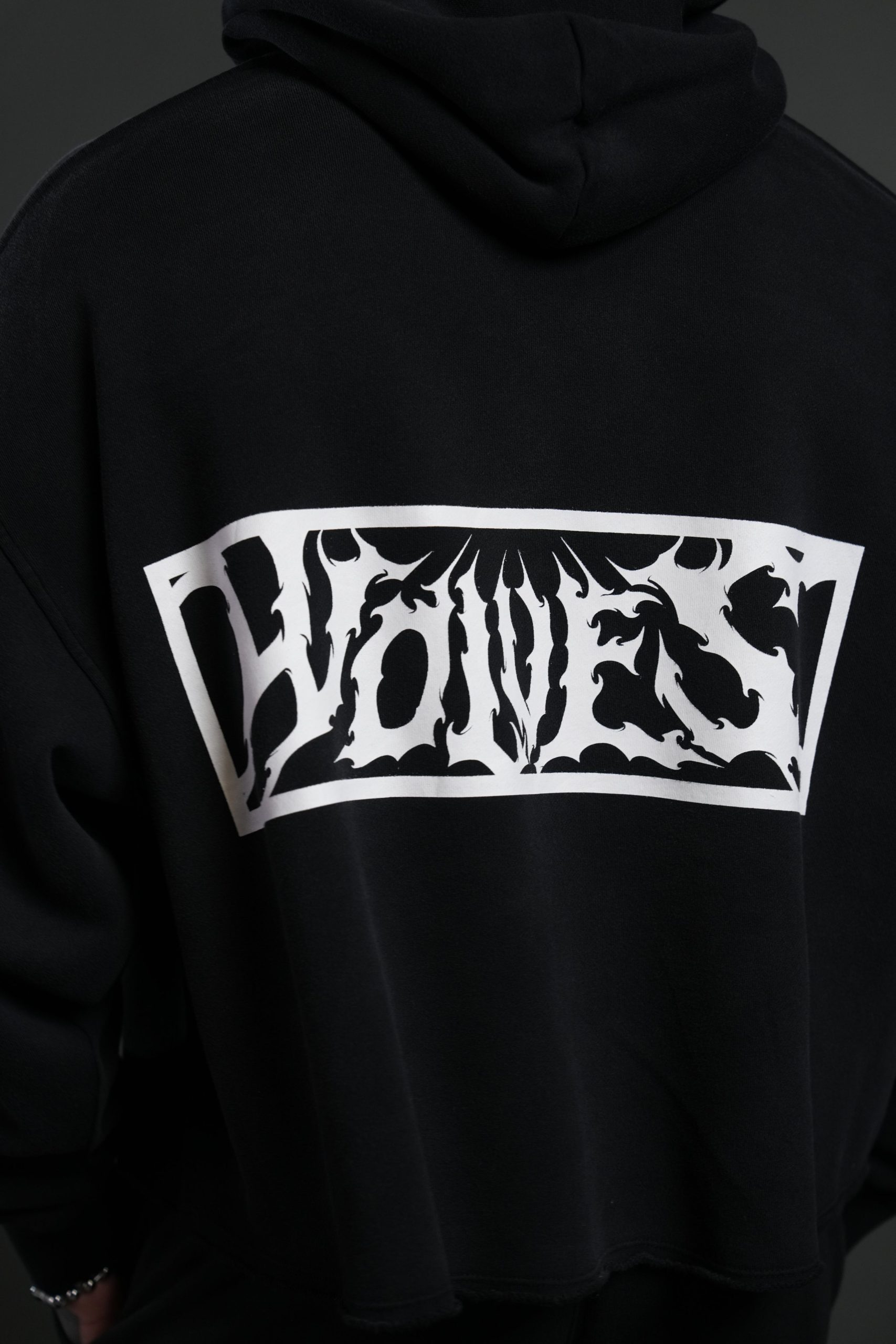 Midnight Wolves Raw Hem Box Cut Pierce Hoodie in Black Drift Wash - Image 8