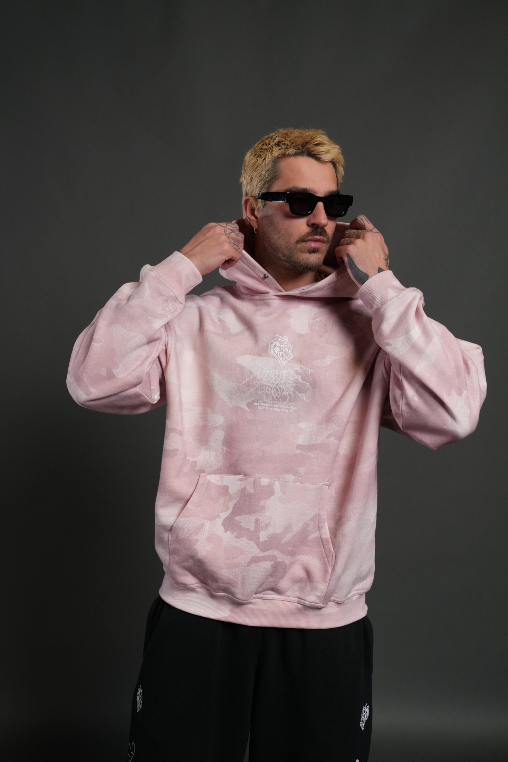 Drip Hesh WLVS FRVR Unisex Pierce Hoodie in Blush Vintage Woodland Camo - Image 9