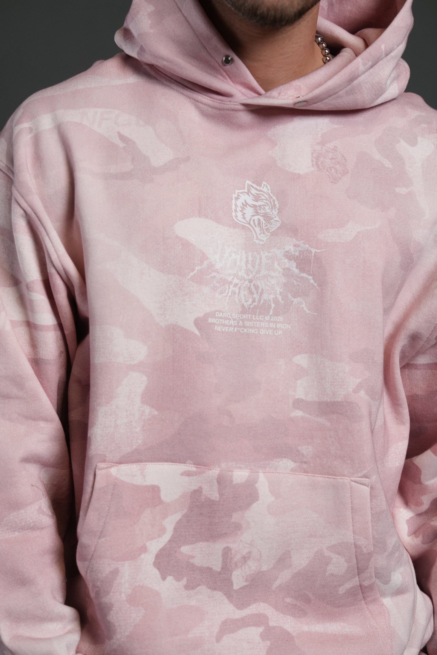 Drip Hesh WLVS FRVR Unisex Pierce Hoodie in Blush Vintage Woodland Camo - Image 13