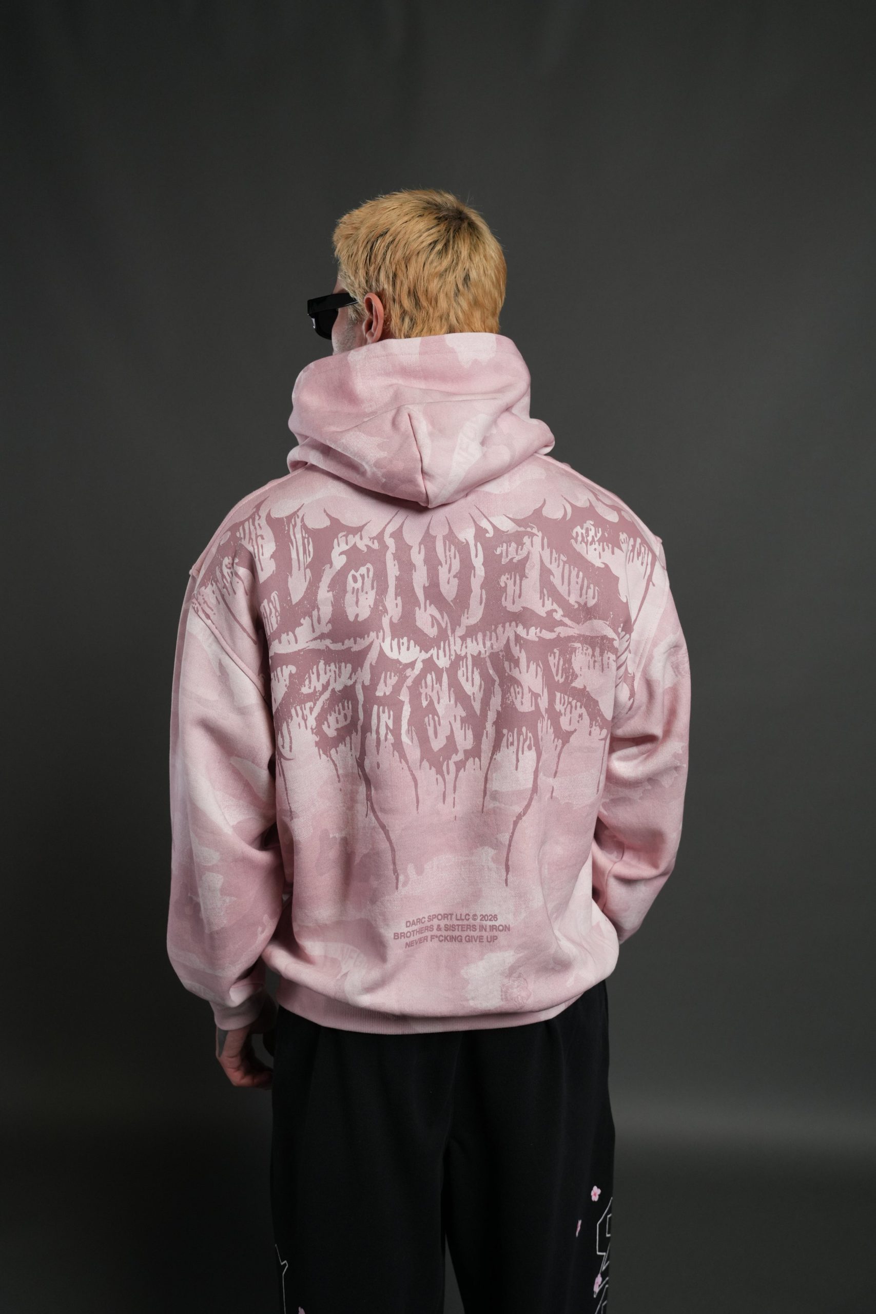 Drip Hesh WLVS FRVR Unisex Pierce Hoodie in Blush Vintage Woodland Camo - Image 10