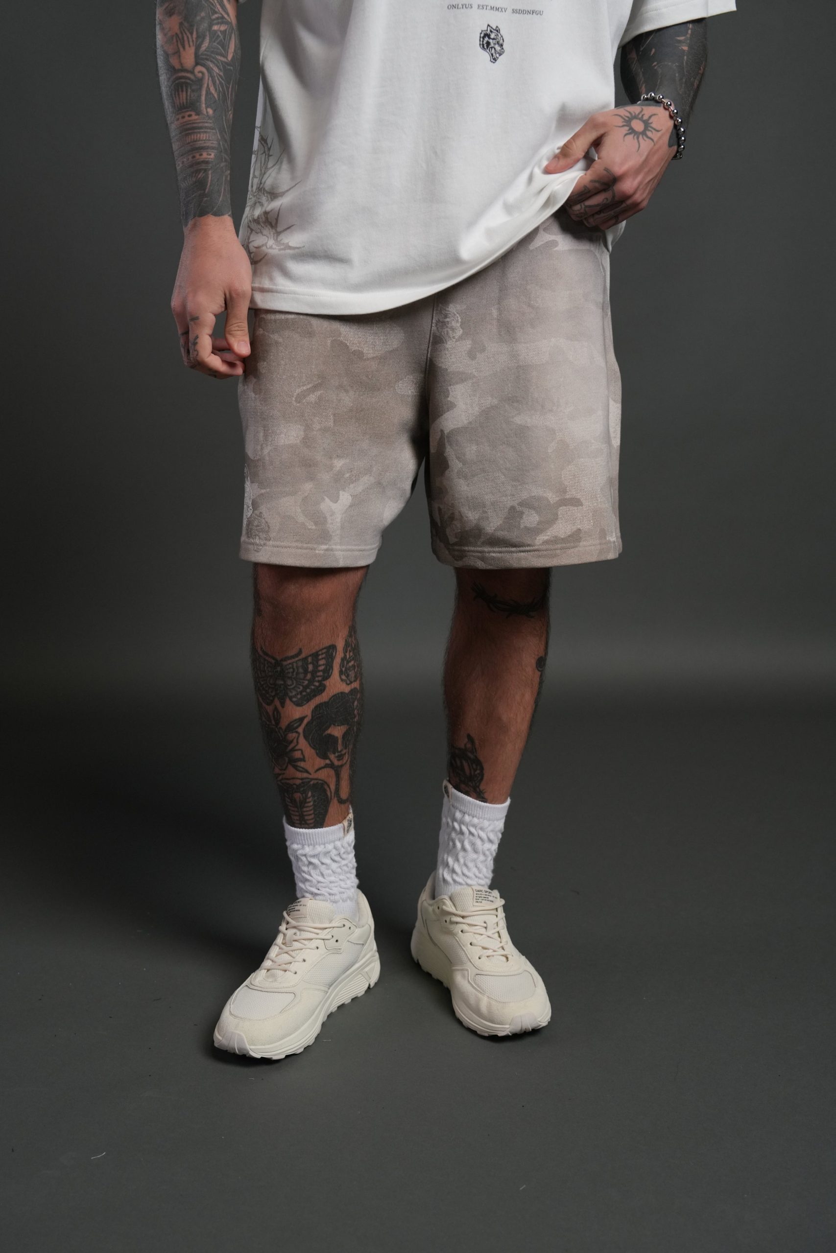 Wolves Club Post Lounge Unisex Sweat Shorts in Clay Vintage Woodland Camo - Image 2