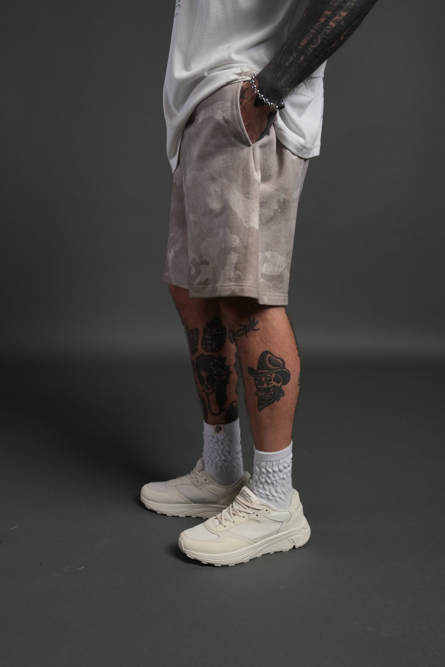 Wolves Club Post Lounge Unisex Sweat Shorts in Clay Vintage Woodland Camo - Image 4