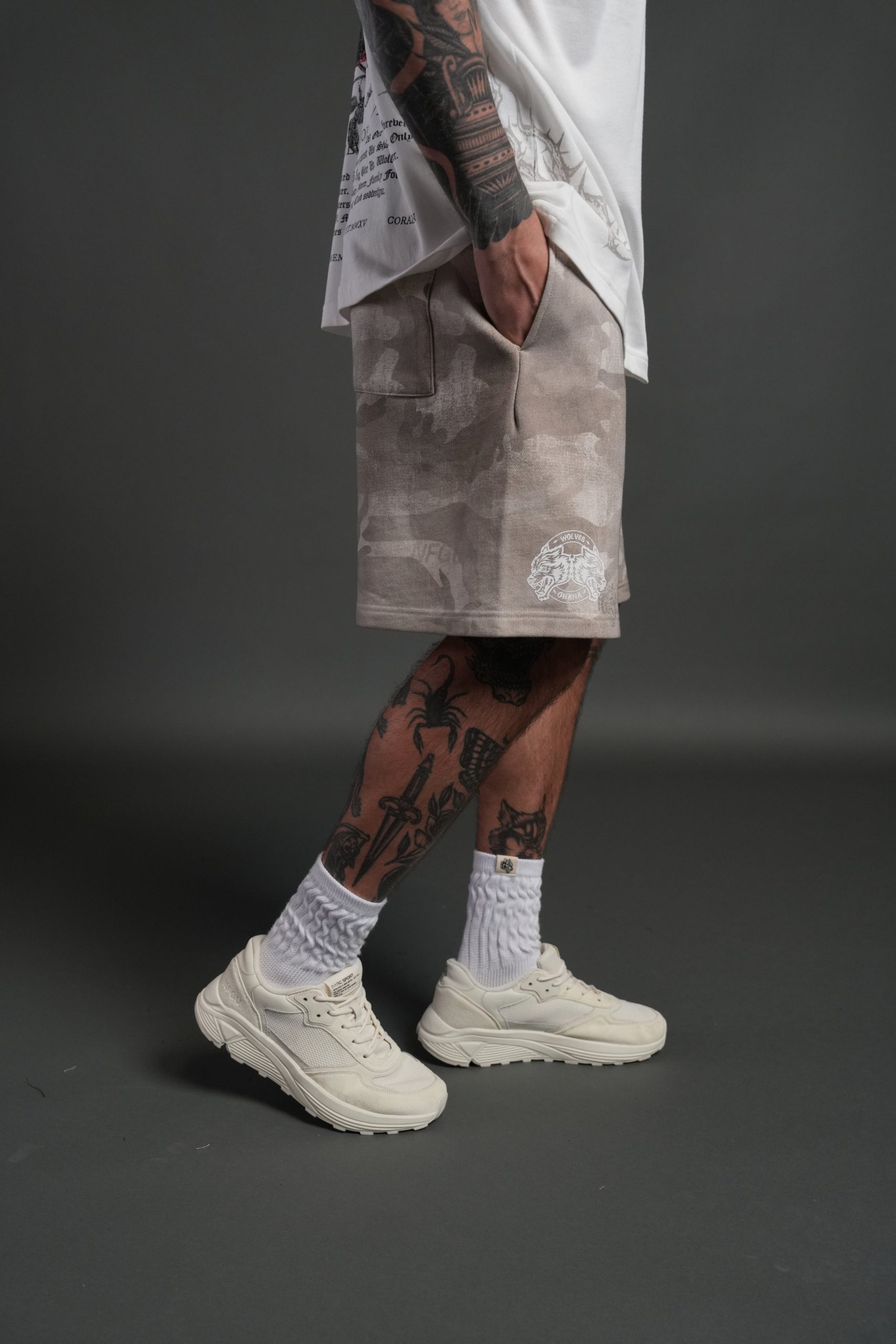 Wolves Club Post Lounge Unisex Sweat Shorts in Clay Vintage Woodland Camo - Image 5