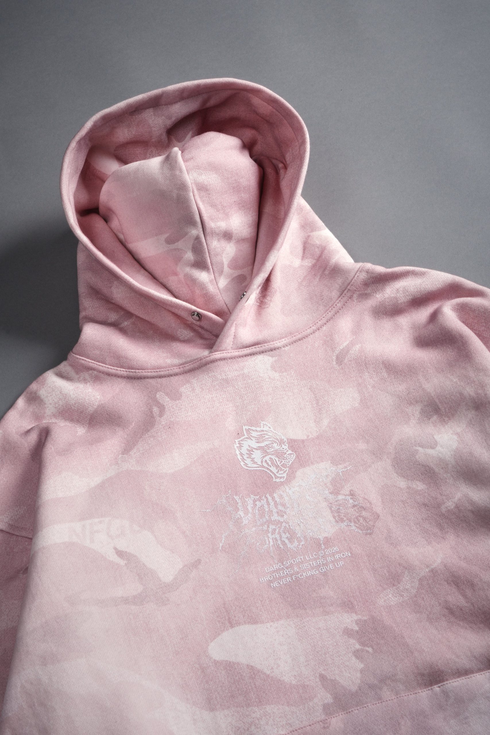 Drip Hesh WLVS FRVR Unisex Pierce Hoodie in Blush Vintage Woodland Camo - Image 16