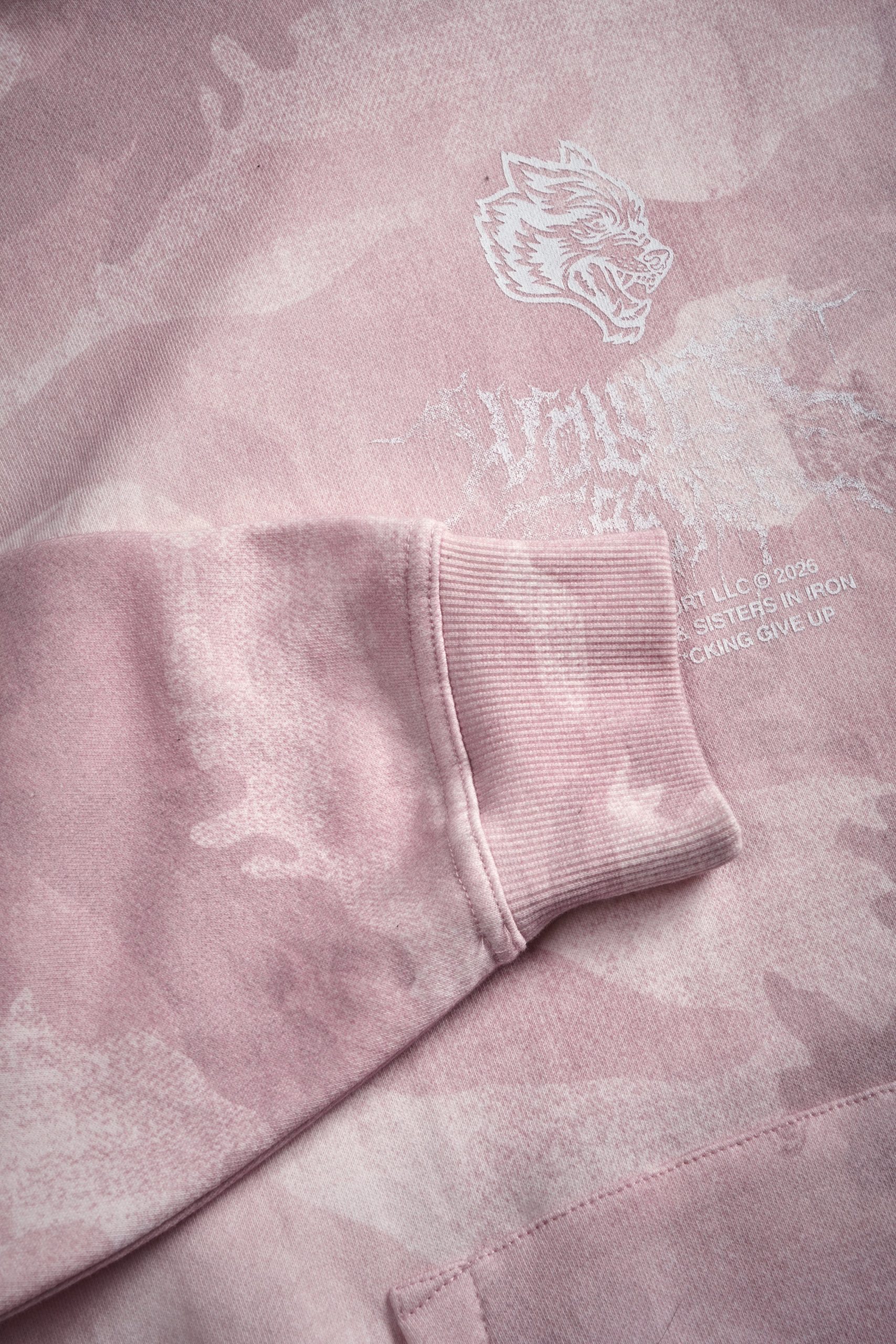 Drip Hesh WLVS FRVR Unisex Pierce Hoodie in Blush Vintage Woodland Camo - Image 17