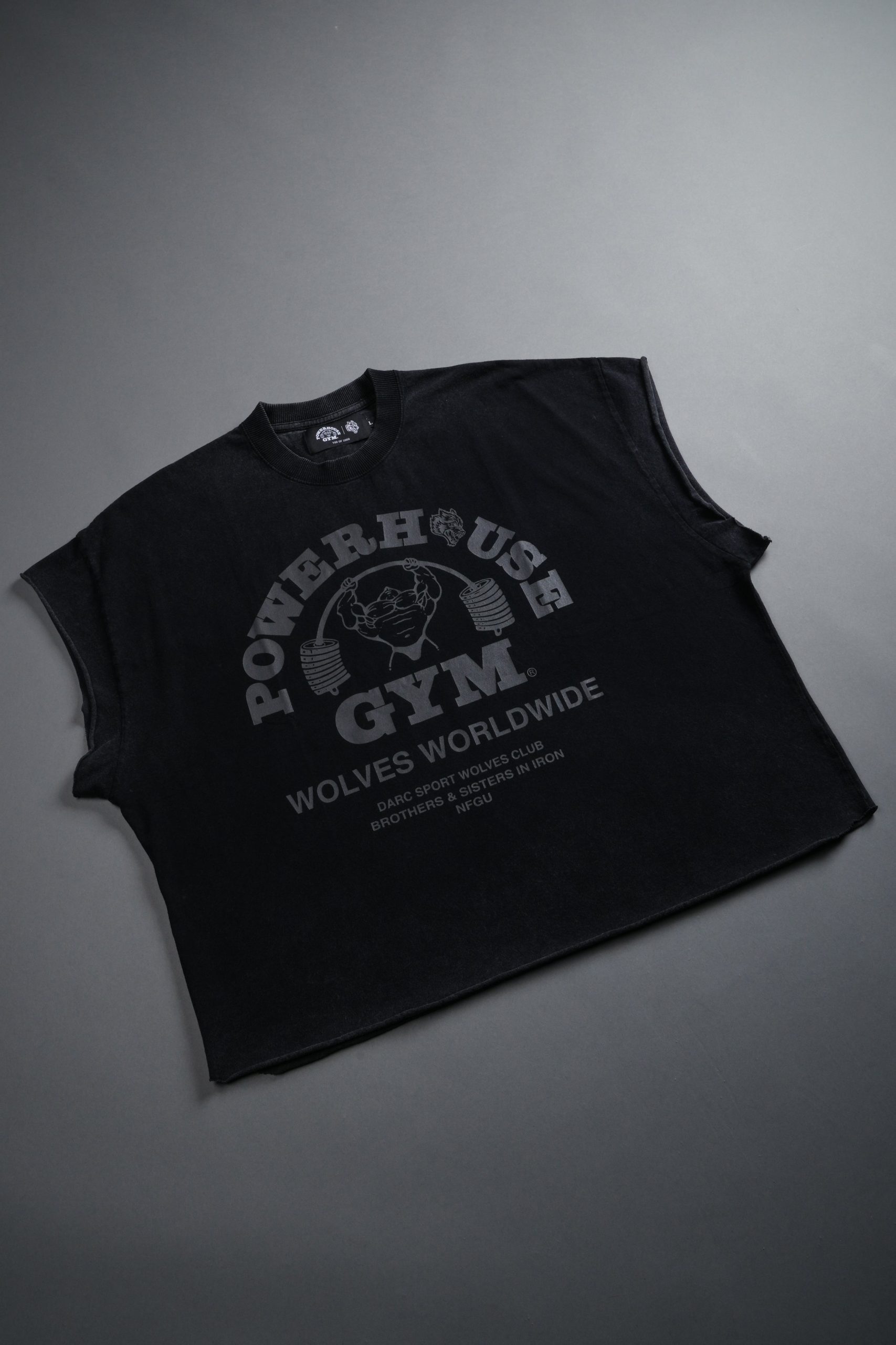 Powerhouse of the Wolves Grunge Cut-Off Tee in Black - Image 9
