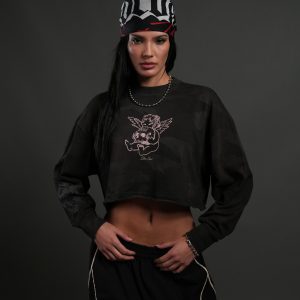 Cherub and the Skull Premium Oversized Cropped L/S Tee in Black Vintage Woodland Camo