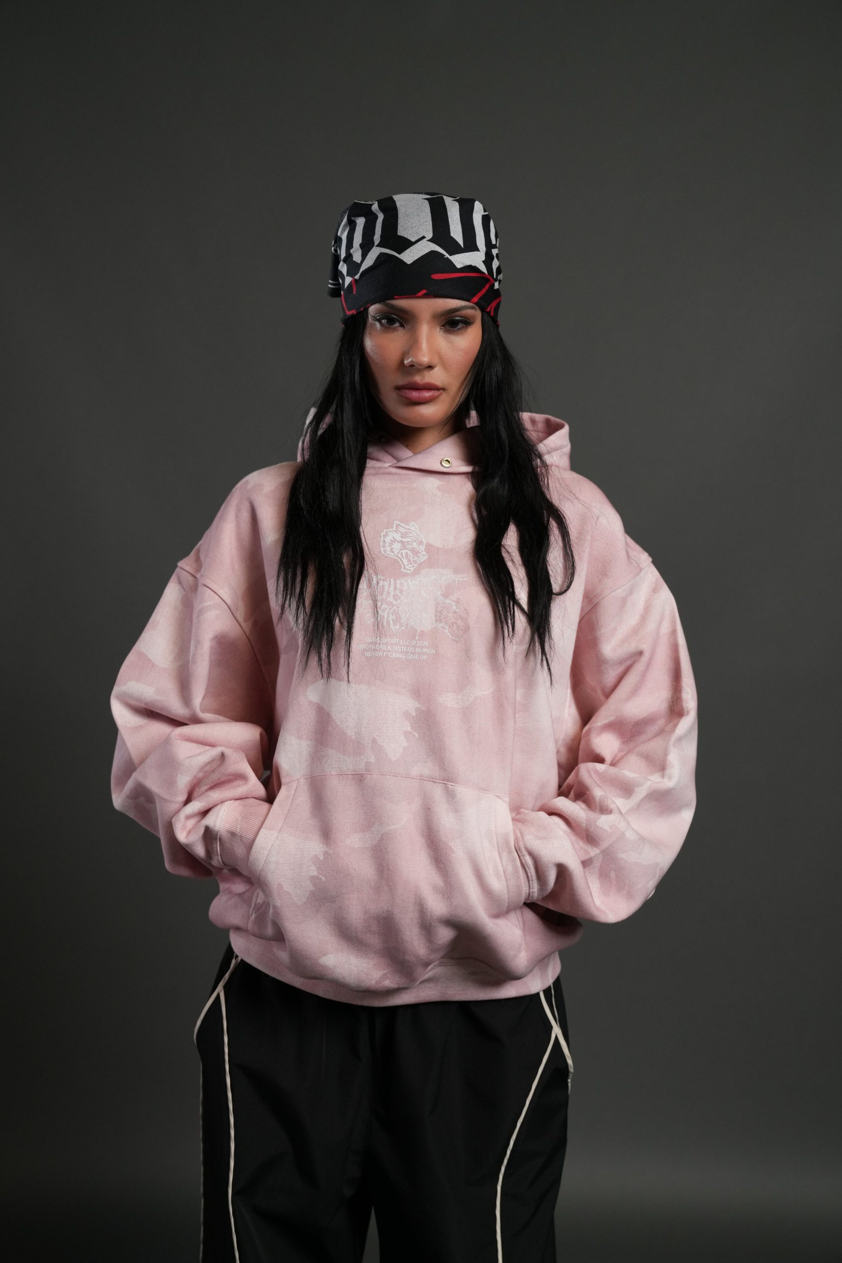 Drip Hesh WLVS FRVR Unisex Pierce Hoodie in Blush Vintage Woodland Camo - Image 4