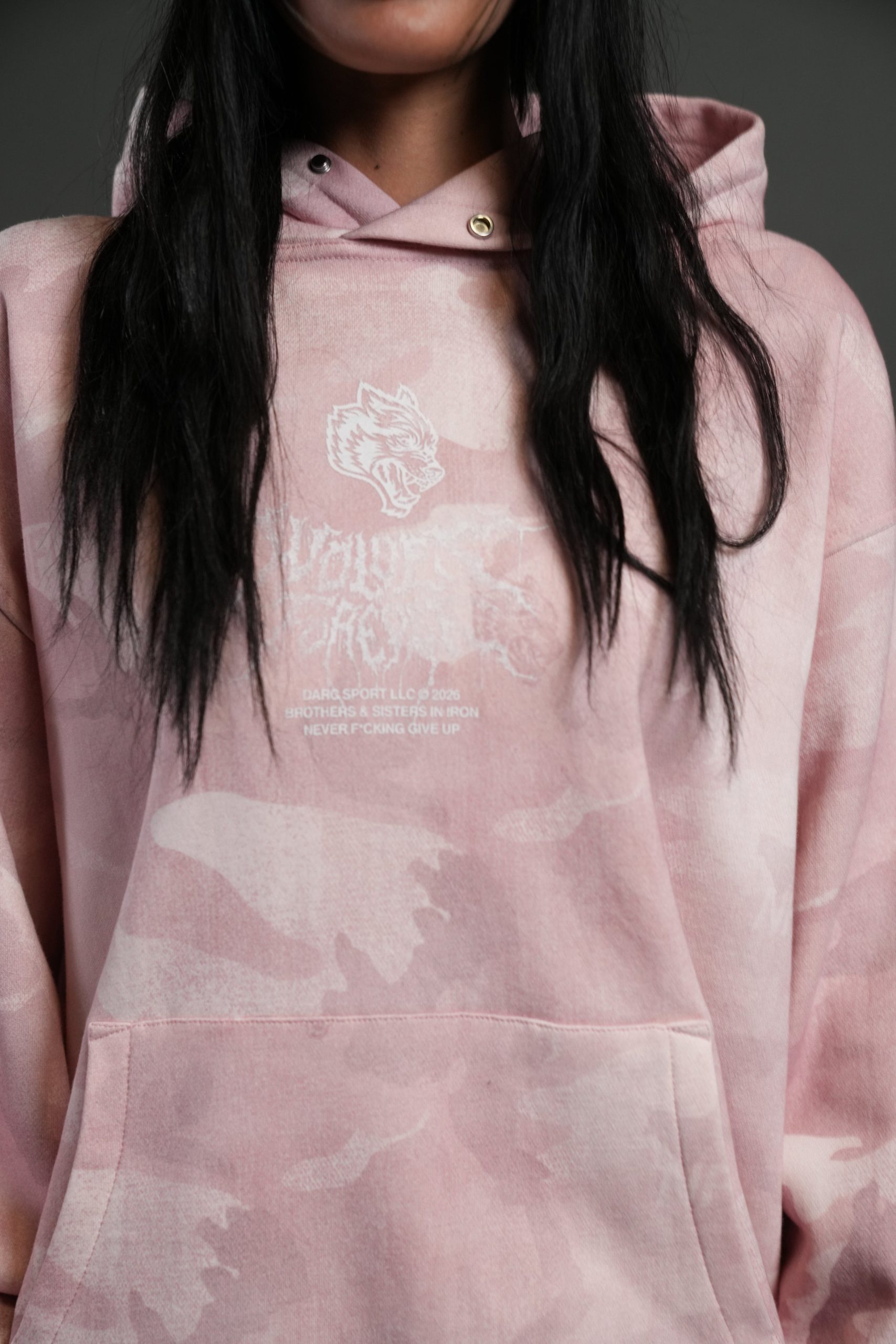 Drip Hesh WLVS FRVR Unisex Pierce Hoodie in Blush Vintage Woodland Camo - Image 7