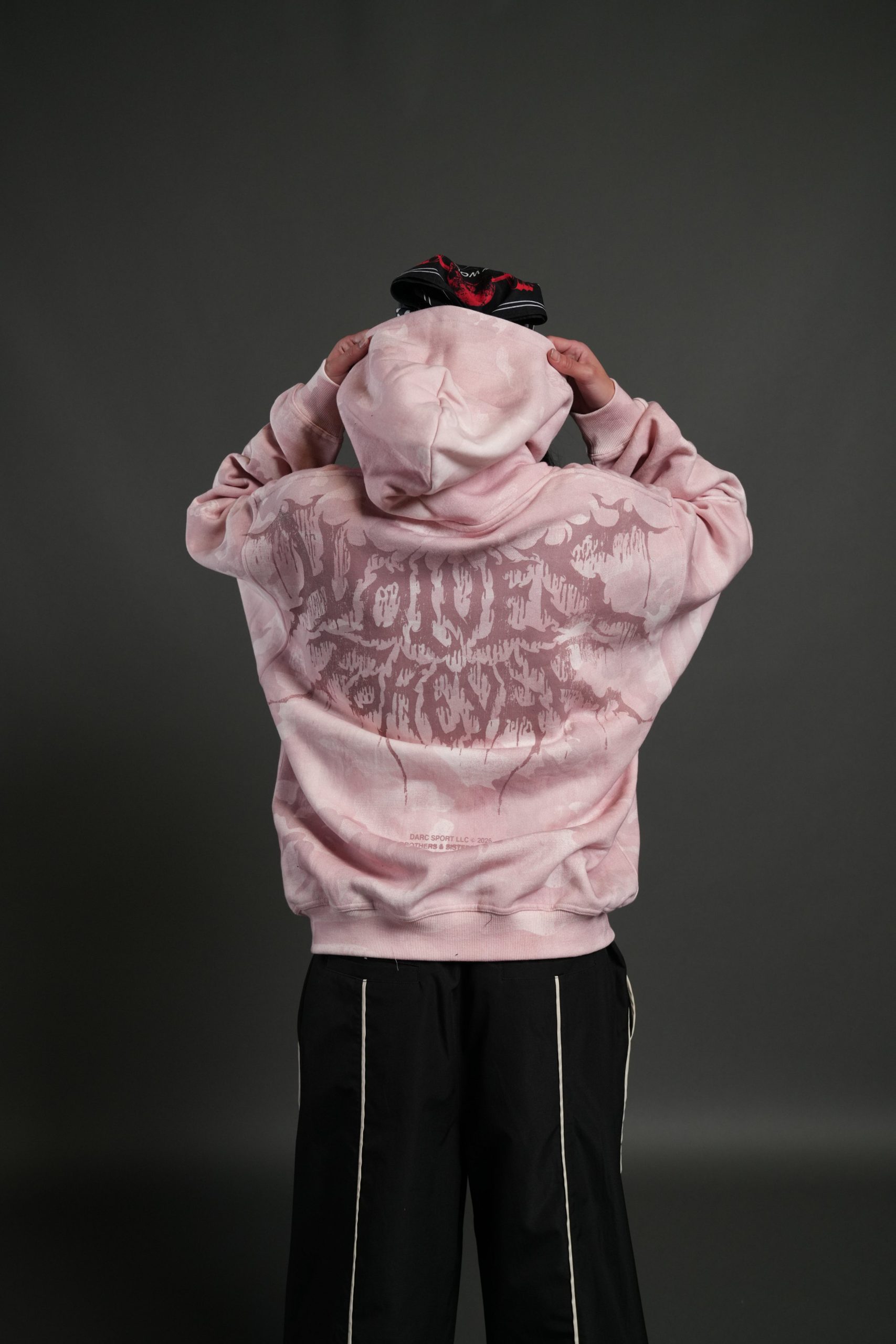 Drip Hesh WLVS FRVR Unisex Pierce Hoodie in Blush Vintage Woodland Camo - Image 2