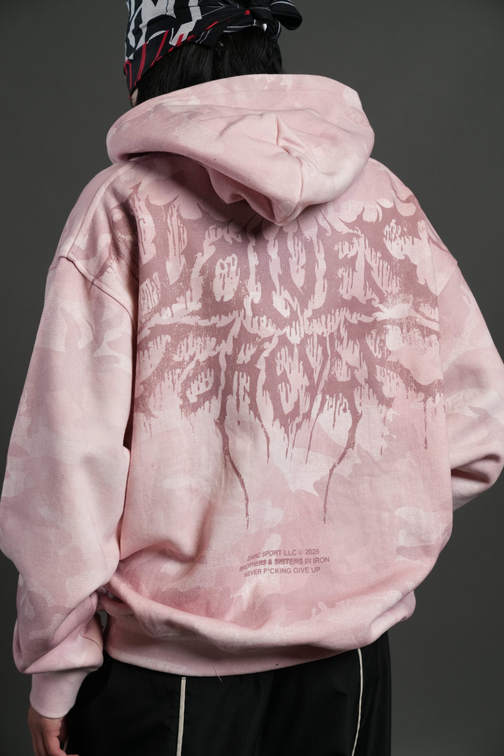 Drip Hesh WLVS FRVR Unisex Pierce Hoodie in Blush Vintage Woodland Camo - Image 8