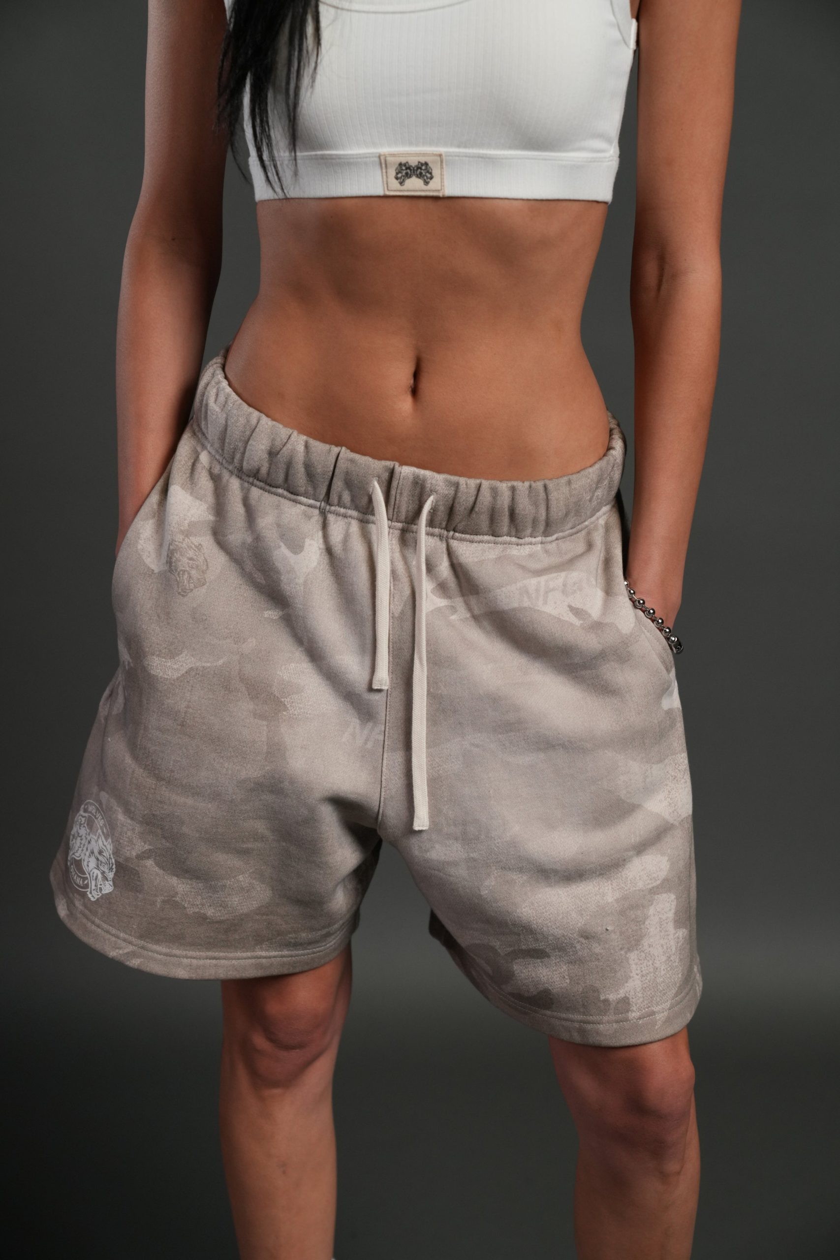 Wolves Club Post Lounge Unisex Sweat Shorts in Clay Vintage Woodland Camo - Image 13