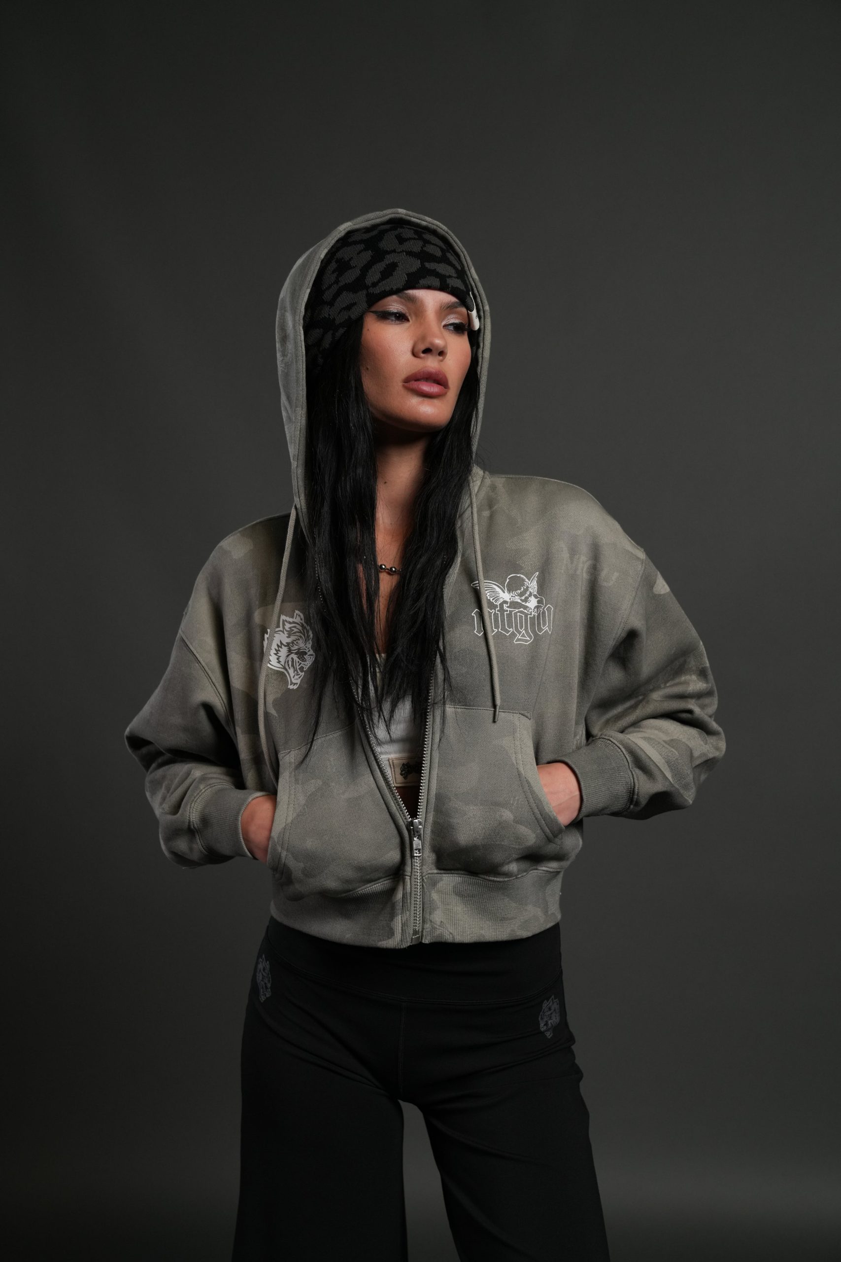 Cherub NFGU Sage Cropped Zip Hoodie in Lush Vintage Woodland Camo