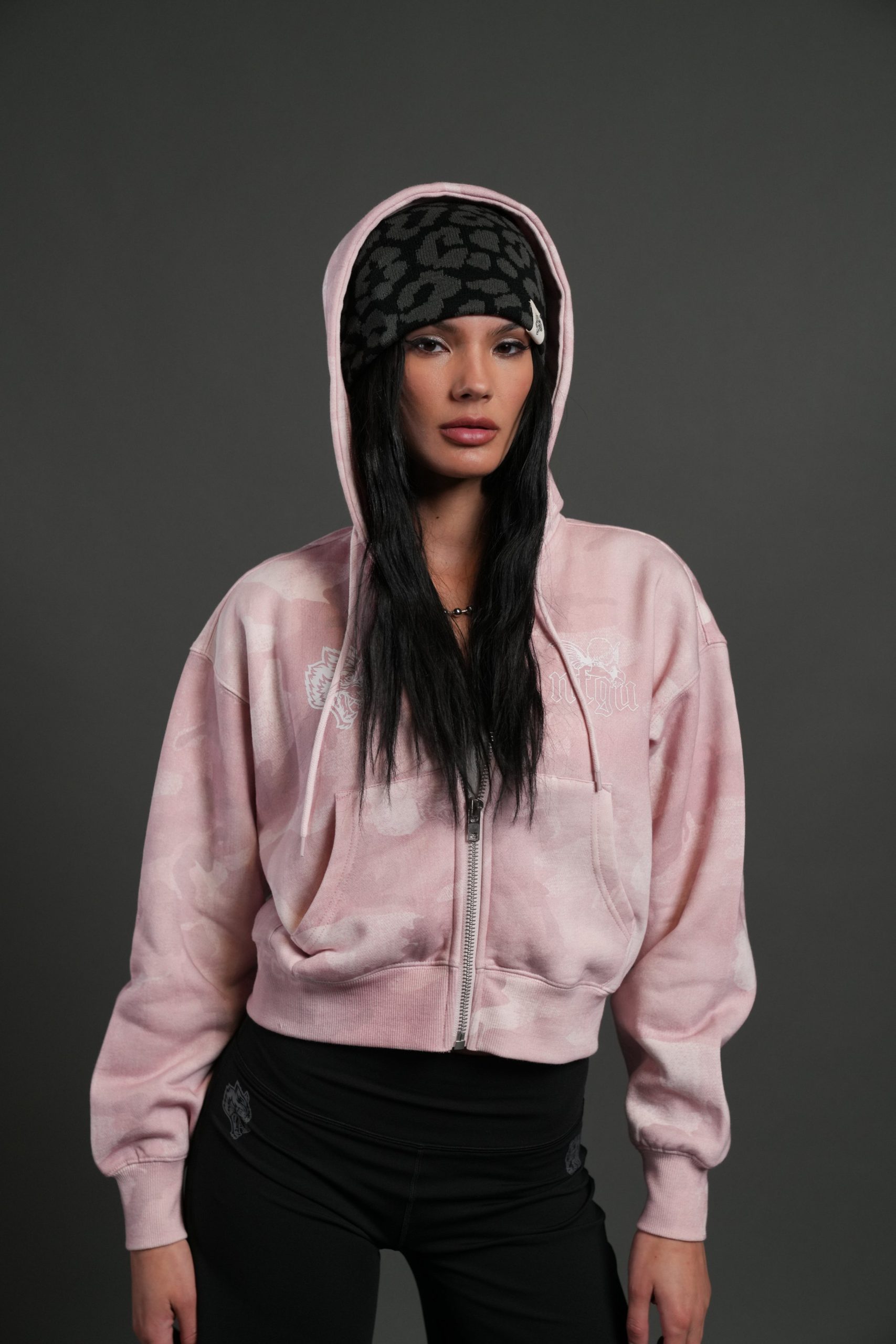 Cherub NFGU Sage Cropped Zip Hoodie in Blush Vintage Woodland Camo