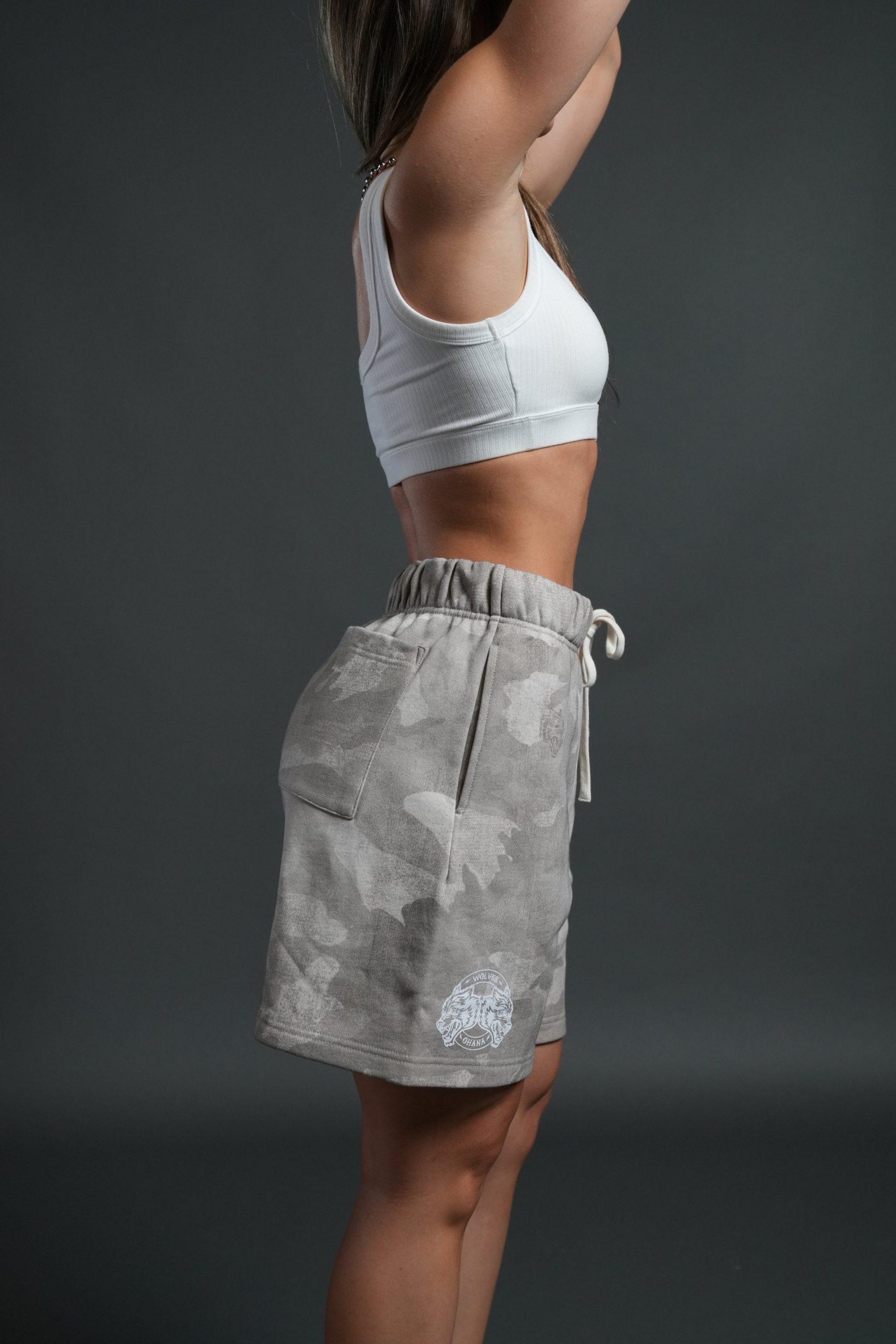 Wolves Club Post Lounge Unisex Sweat Shorts in Clay Vintage Woodland Camo - Image 9