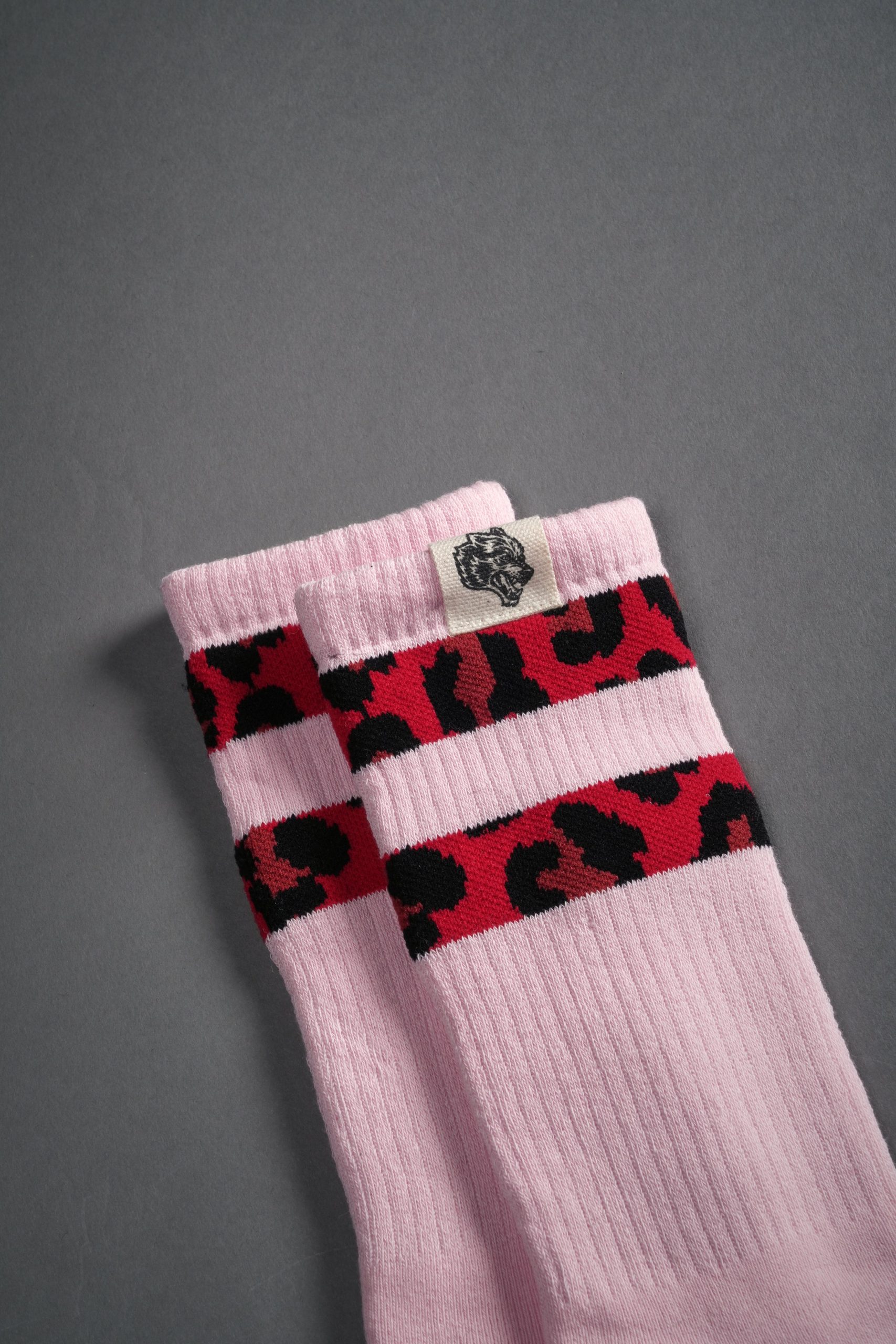 2 Stripe Wolf Patch Classic Socks in Cloud Pink/Red Leopard - Image 3